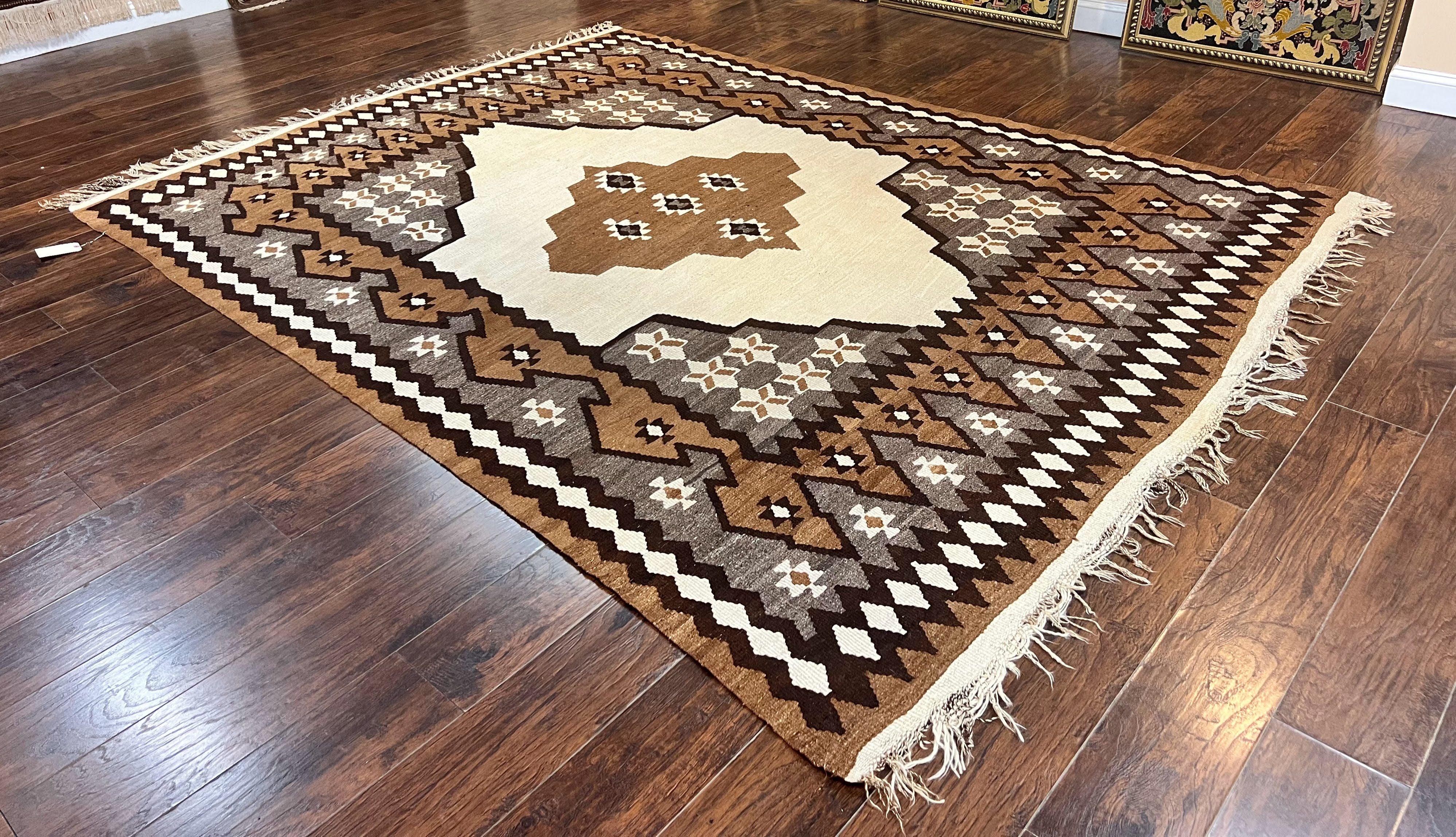 Antique Persian Fars Kilim Rug 8x11, Wool, Boho Tribal Persian Shiraz Flatweave Carpet, Semi Open Field, Geometric, Handmade, Vintage Semi Antique - Jewel Rugs