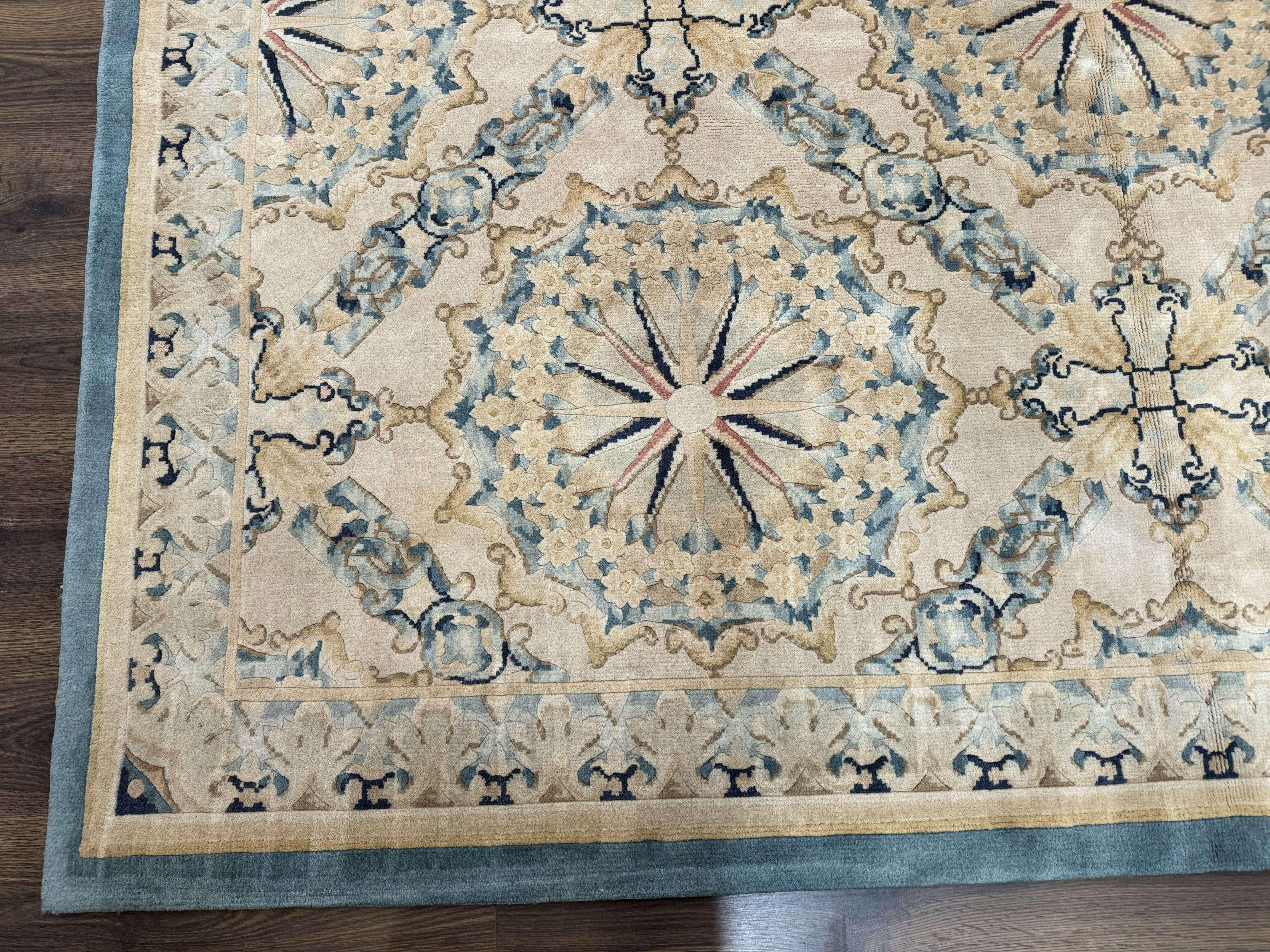 Aubusson Rug 8x10, French European Design, Soft Thick Wool Pile, Off White and Light Blue, Carving Sculpted Rug - Jewel Rugs