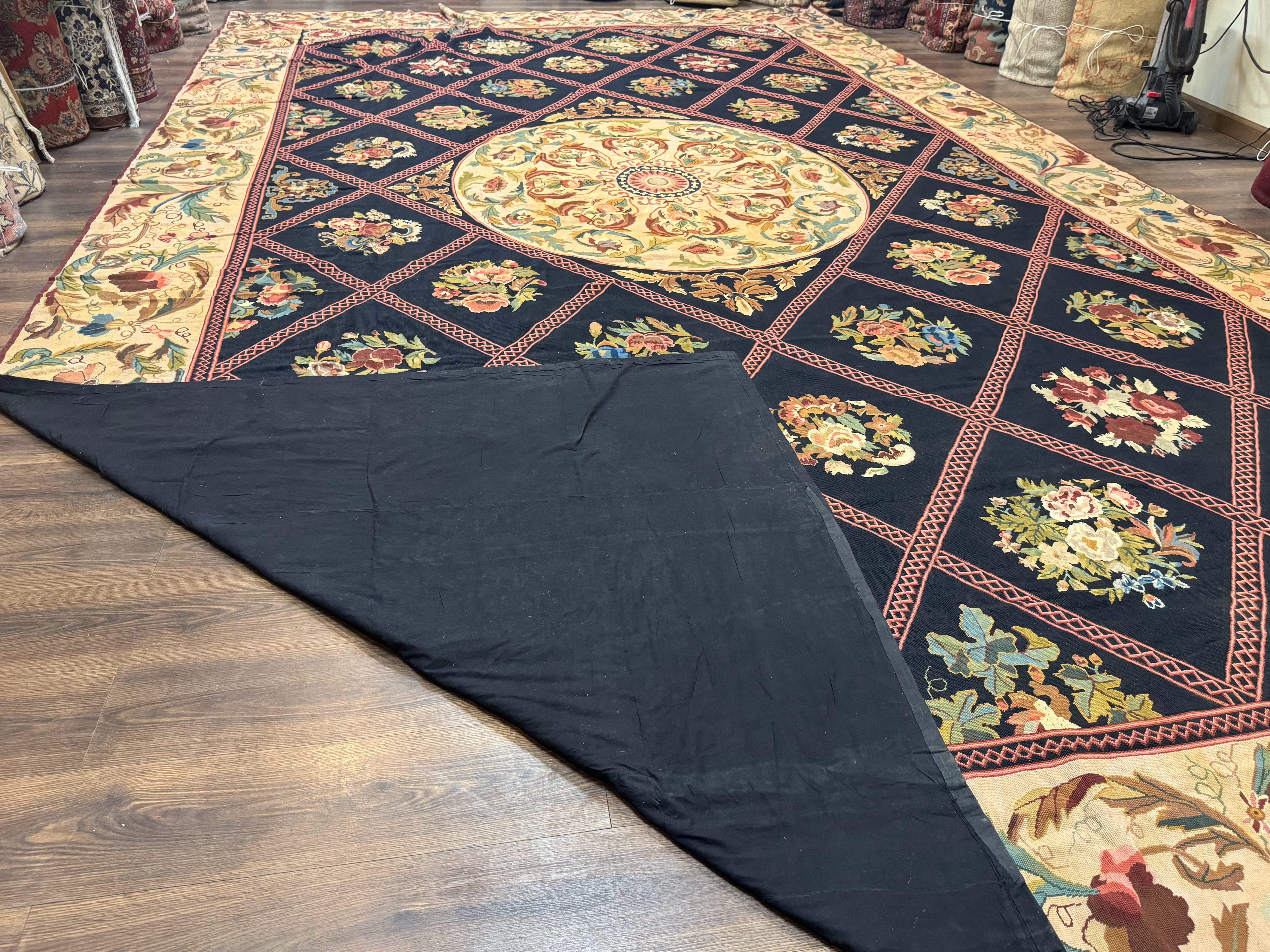 Palace Size Needlepoint Rug 12x20, European French English Aubusson Floral Design, Black and Beige - Jewel Rugs