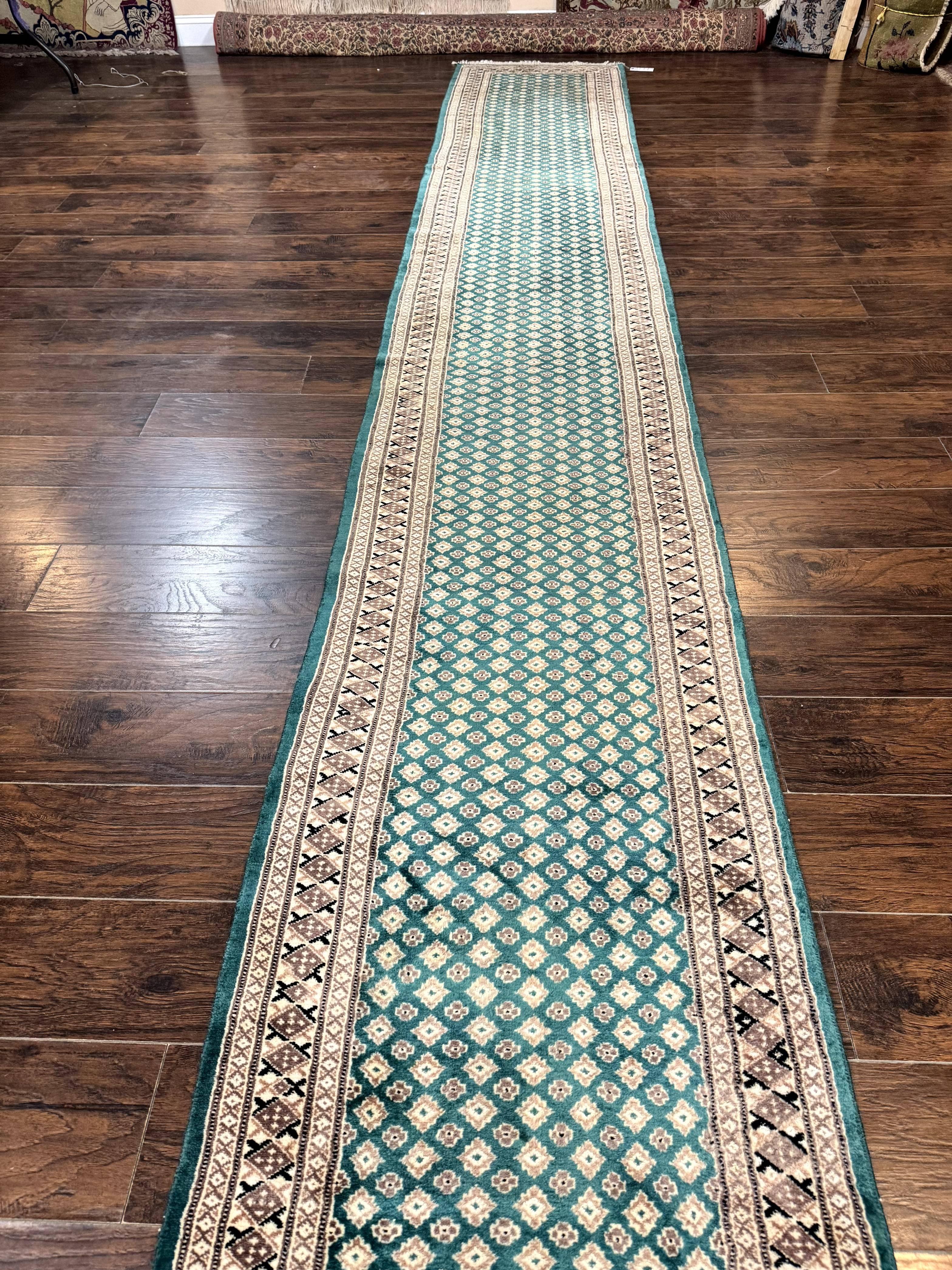 Long Pakistani Runner Rug 2.8 x 20, Hand Knotted Vintage Wool Hallway Rug, Turkoman Rug, Teal and Tan, Handmade Vintage Wool Runner - Jewel Rugs