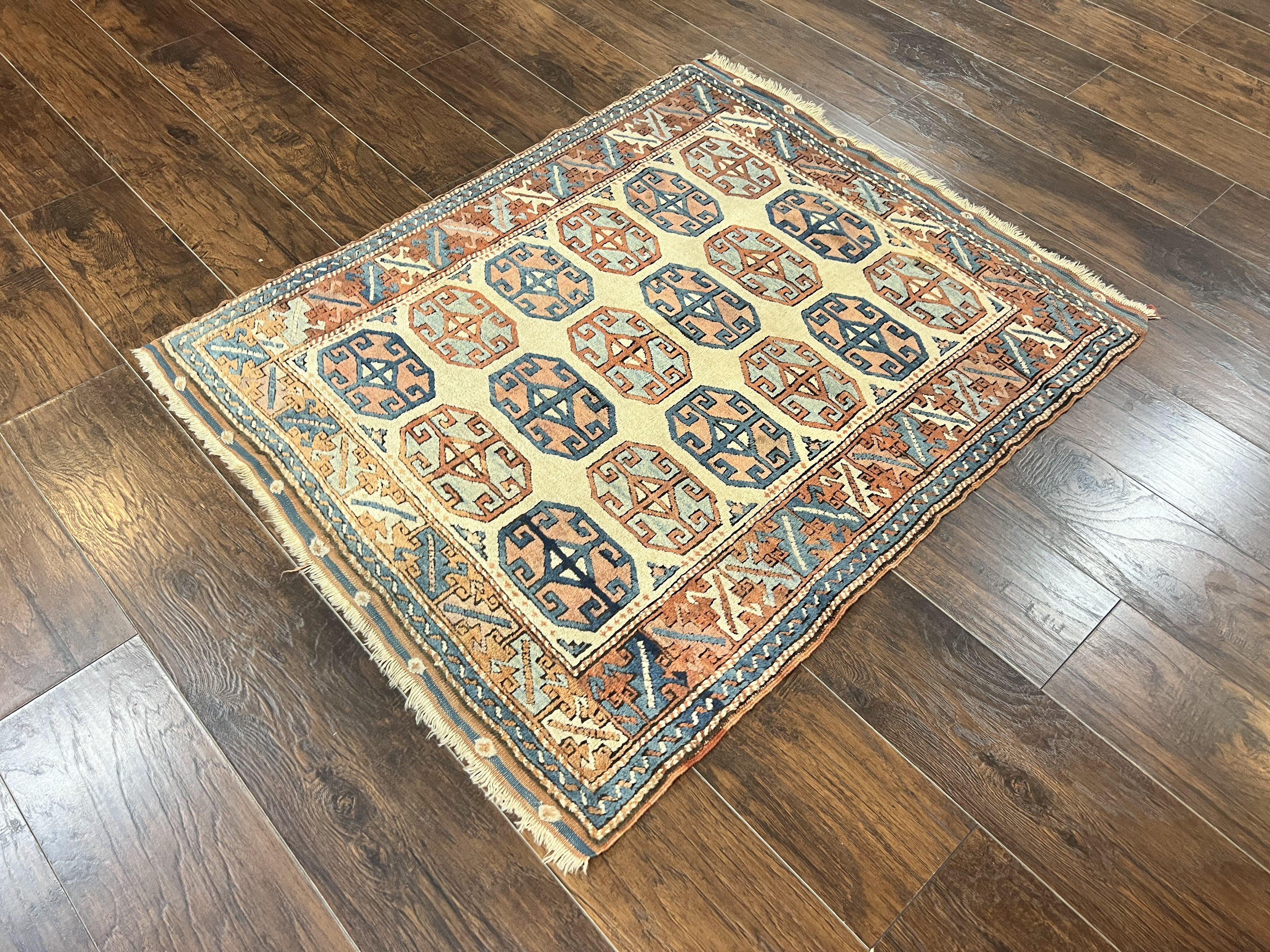 Turkish Kazak Rug 3x4, Wool Hand Knotted Handmade Vintage Carpet, Geometric Tribal Repeated Motif, Small 3 x 4 Antique Rug, Cream Red - Jewel Rugs