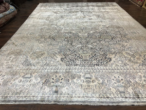 Silk Pak Persian Rug 10x14, Large Fine Silk Carpet 300 KPSI, Dark Gray, Handmade Vintage Rug, Floral, Bird Motifs