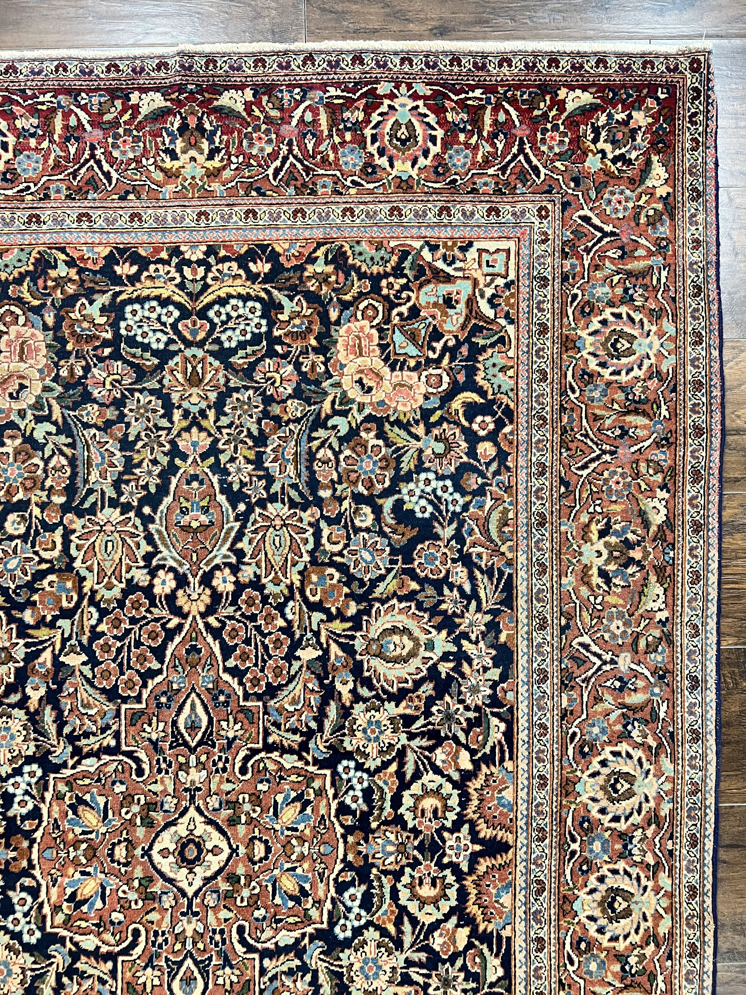 Persian Kashan Rug 4x7, Floral Medallion Vintage Handmade Hand Knotted Navy Blue & Red Wool Oriental Carpet, Highly Detailed Semi Antique Rug - Jewel Rugs