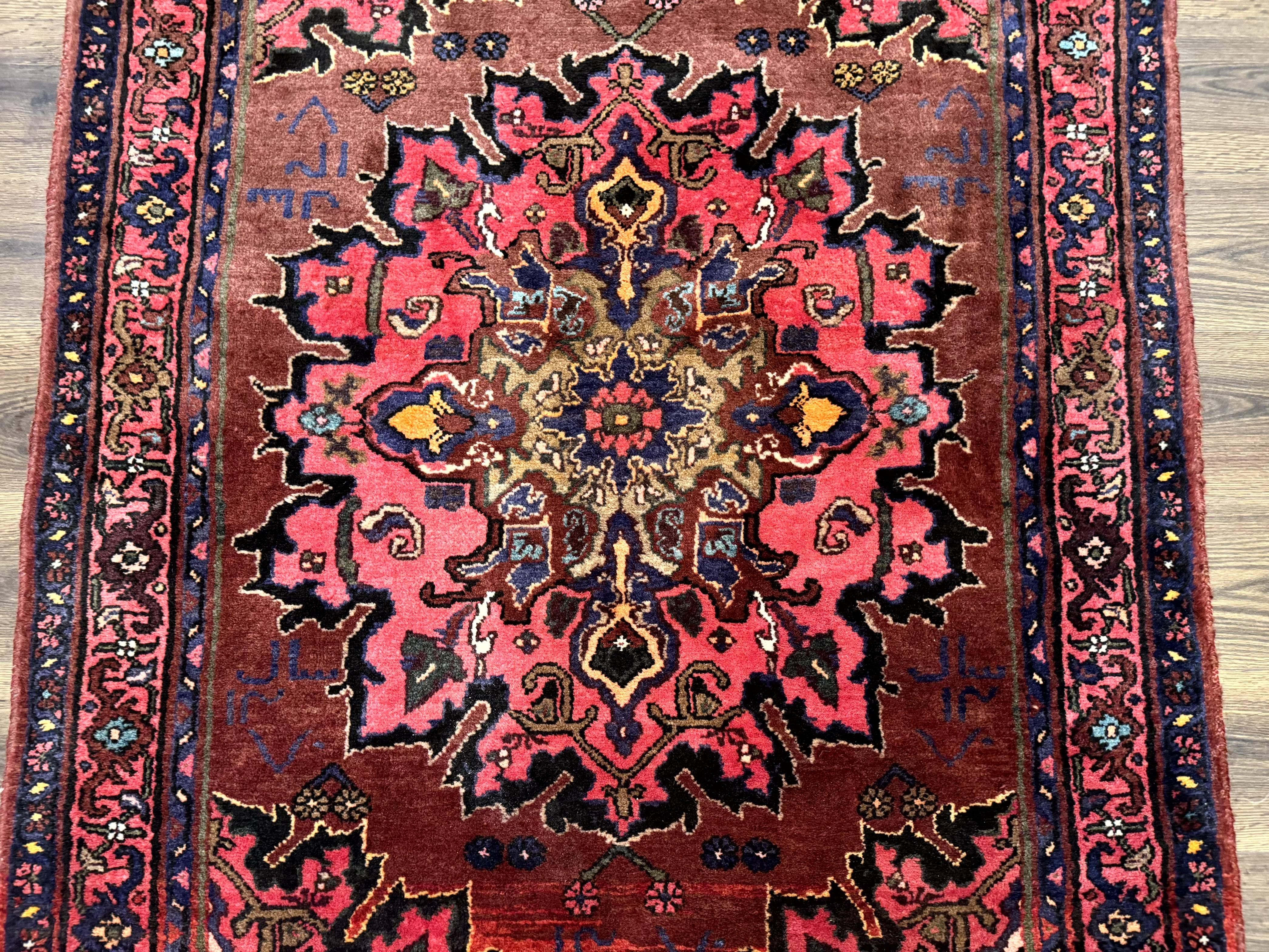 Persian Hamadan Rug 4x7, Red Pink Navy Blue, Vintage, Large Medallion, Village Tribal Carpet - Jewel Rugs