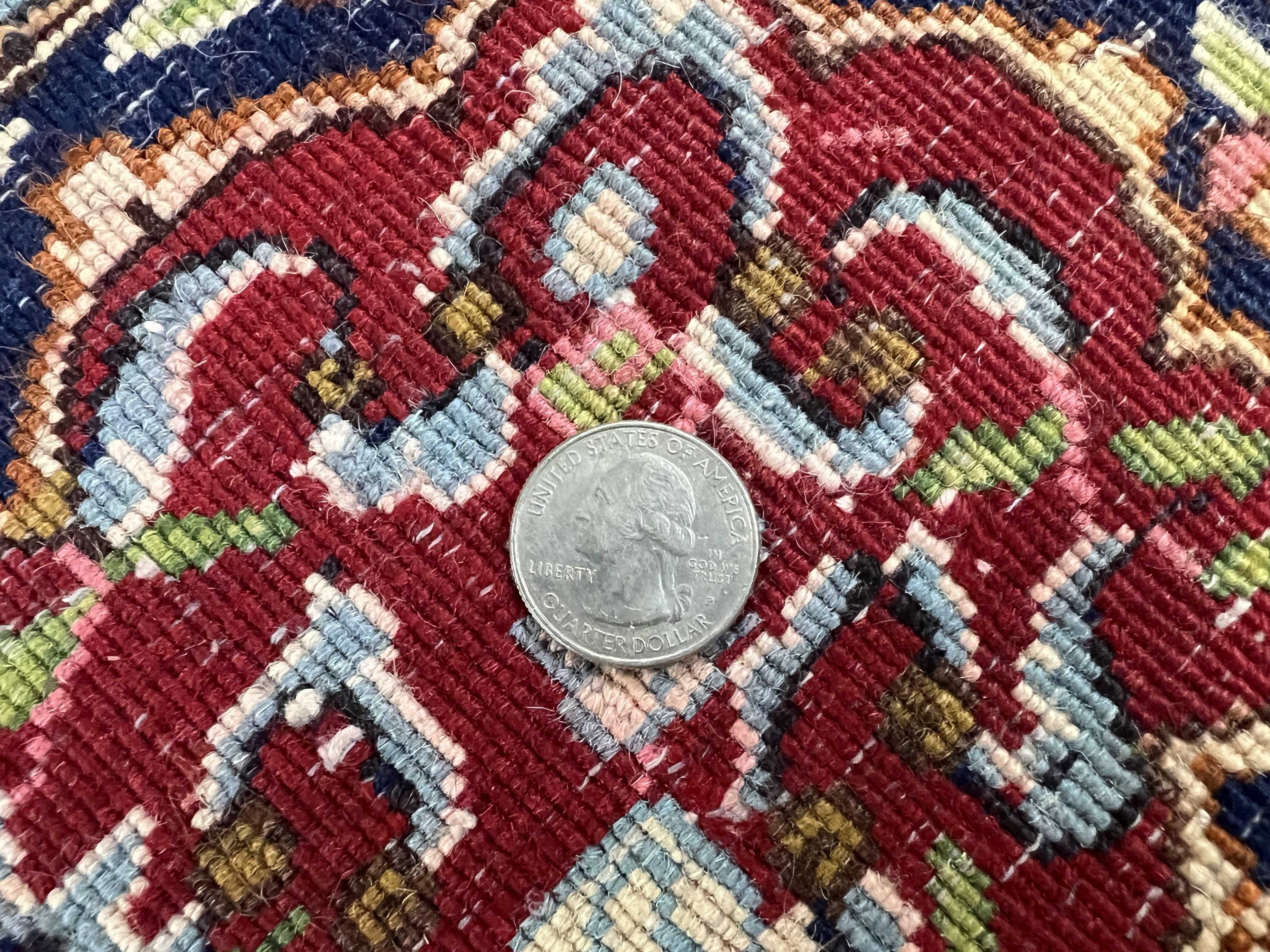 Persian Rug 7x10, Kirman Oriental Carpet 7 x 10 ft, Hand Knotted Wool Floral Medallion Semi Antique Persian Rug, Dark Red Light Blue Vintage - Jewel Rugs