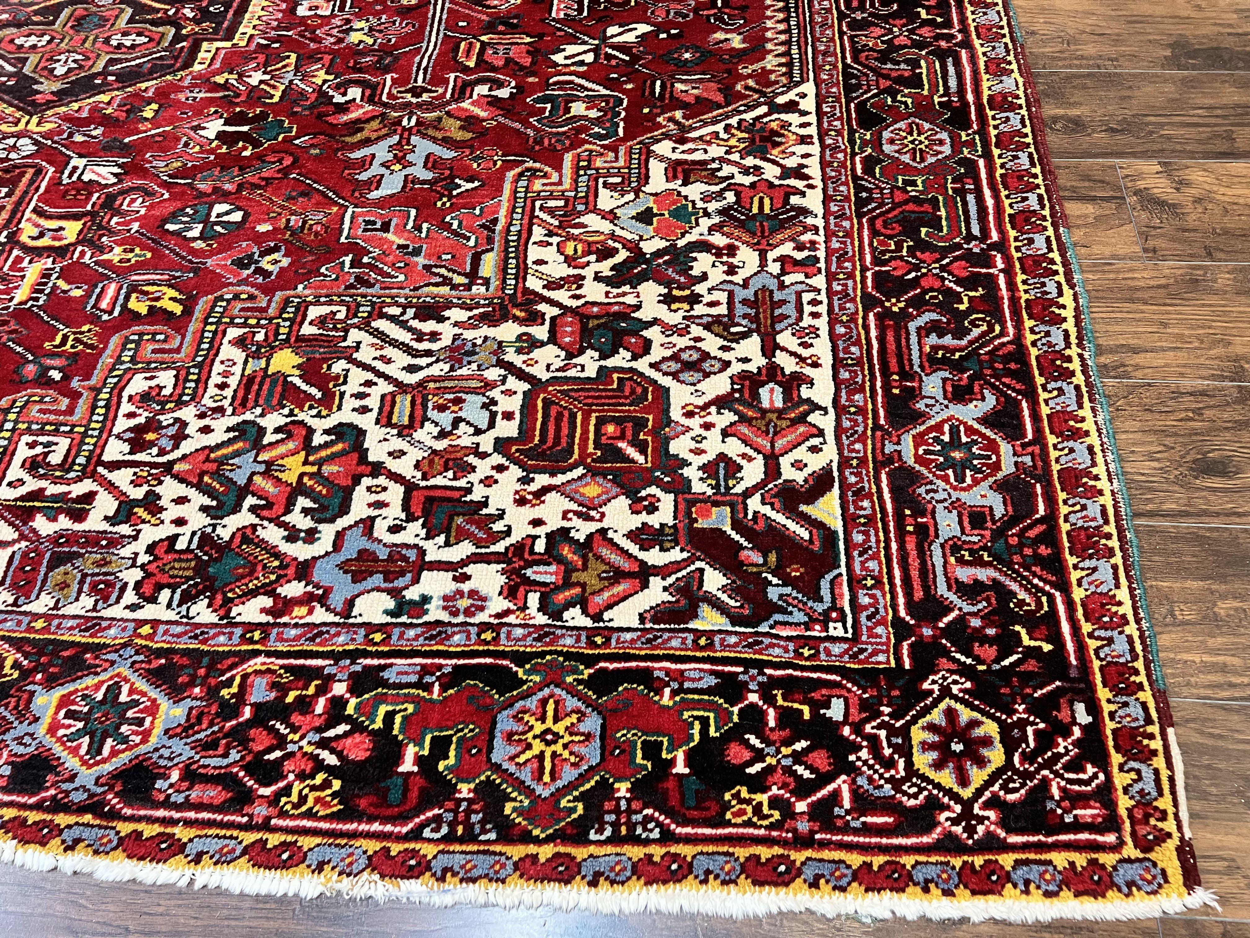 Persian Heriz Rug 10x13, Wool Hand Knotted Vintage Carpet, Geometric Medallion Tribal Oriental Rug, Red & Ivory, 10 x 13 Large Sized Rug - Jewel Rugs