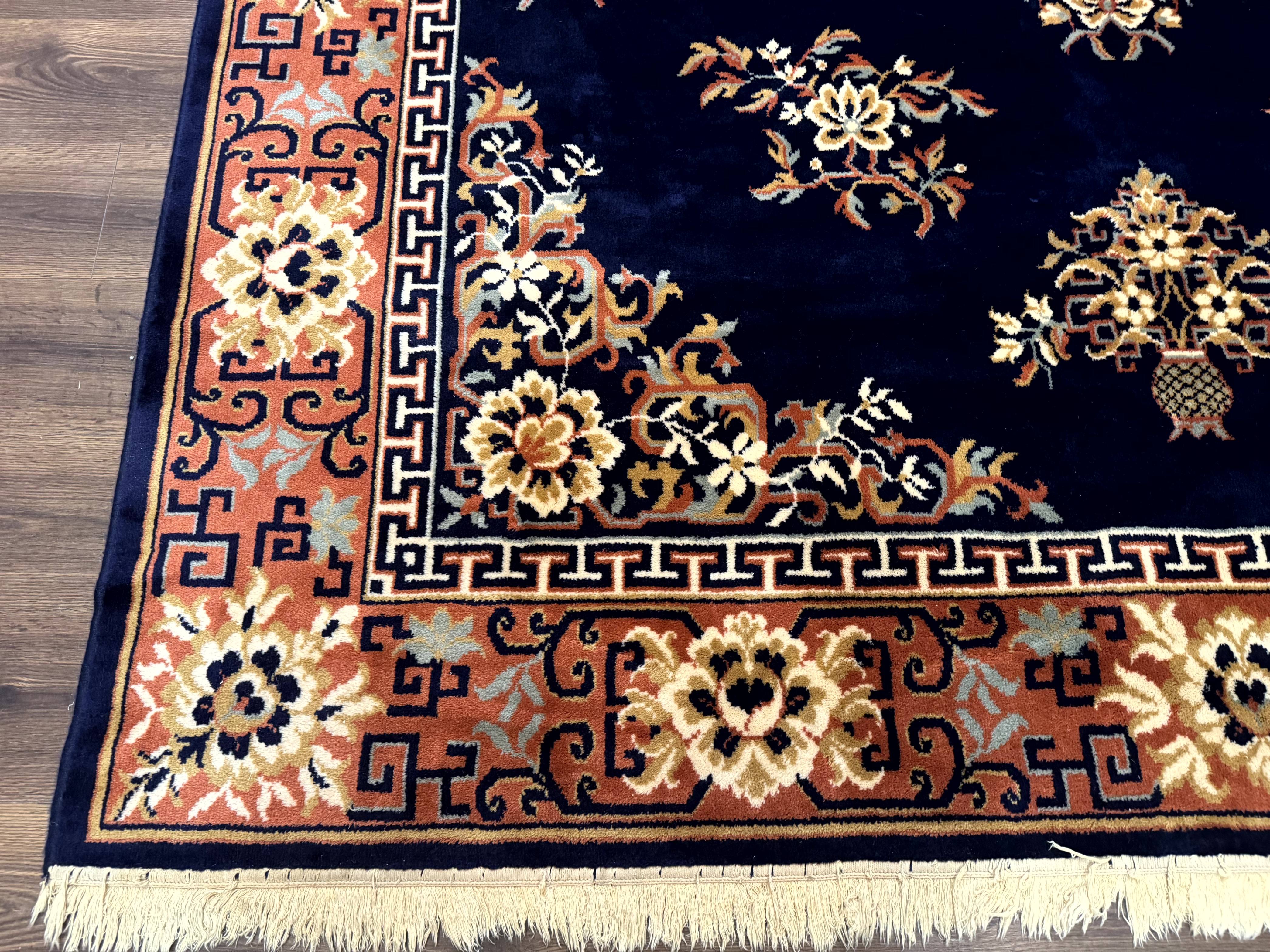 Chinese Wool Rug 8x11, Navy Blue and Terracotta, Floral, Couristan Belgium Power Loomed Carpet - Jewel Rugs