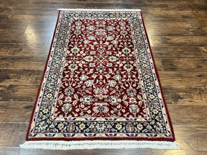 Indo Persian Rug 4x6, Wool Hand Knotted Vintage Carpet, Floral Allover Pattern Rug, Red & Navy Blue, 4 x 6 Traditional Oriental Rug