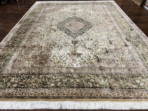 Silk Rug 9x12, Room Sized Silk Carpet, Silk on Silk, Floral, Bird Motifs, Sino Persian Silk Oriental Rug, 580 KPSI, Super Fine, Handmade