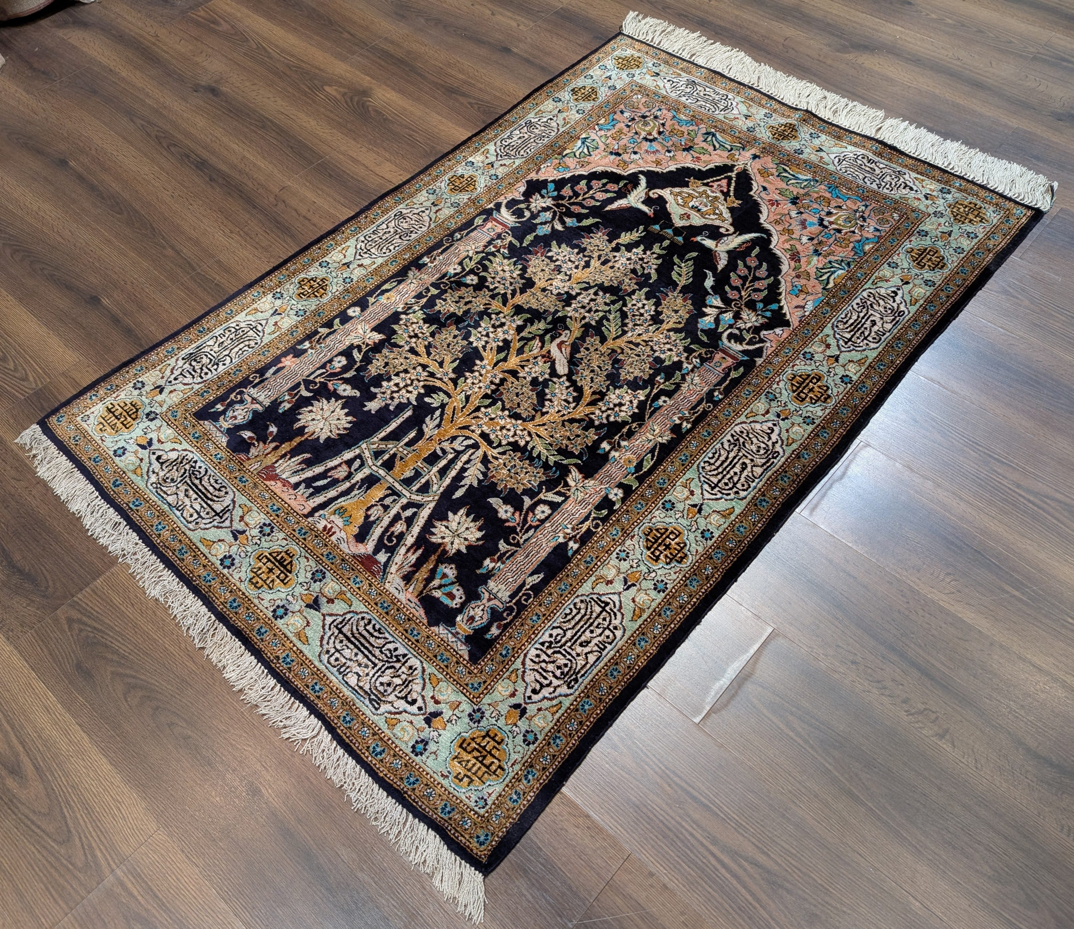 Wonderful Silk Persian Rug 4x5, Tree of Life Carpet, Qum Rug, Prayer Rug, Bird Pictorials - Jewel Rugs