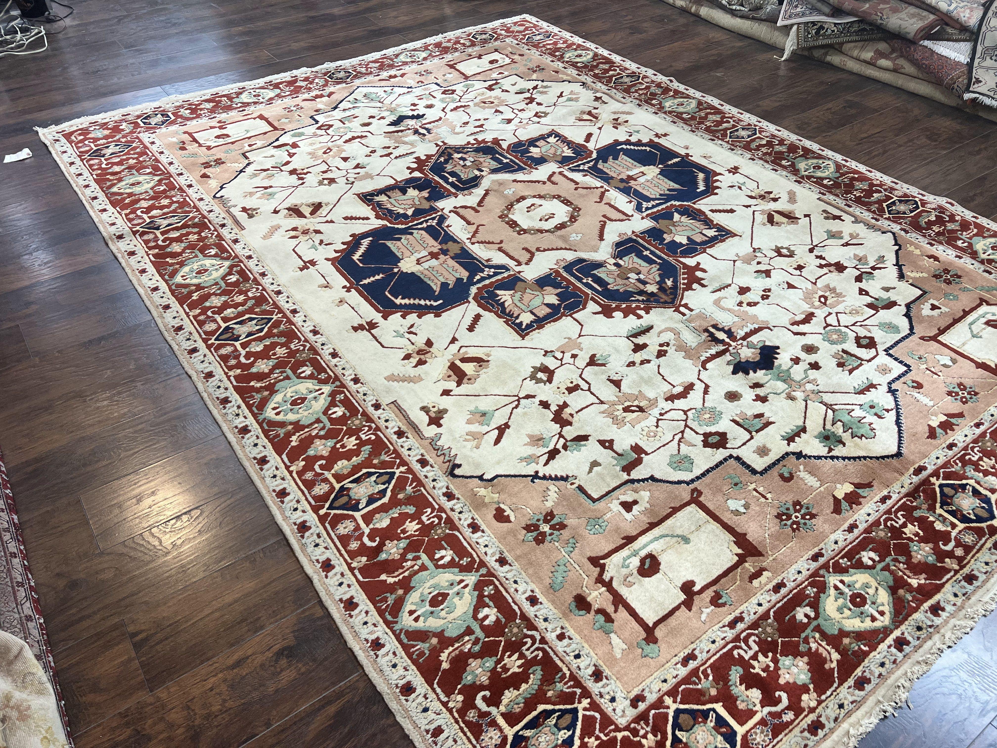 Indo Heriz Rug 9x12, Geometric Indo Persian Room Sized Decorative Area Rug 9 x 12 ft, Cream Navy Blue Pink Handmade Vintage Wool Carpet - Jewel Rugs