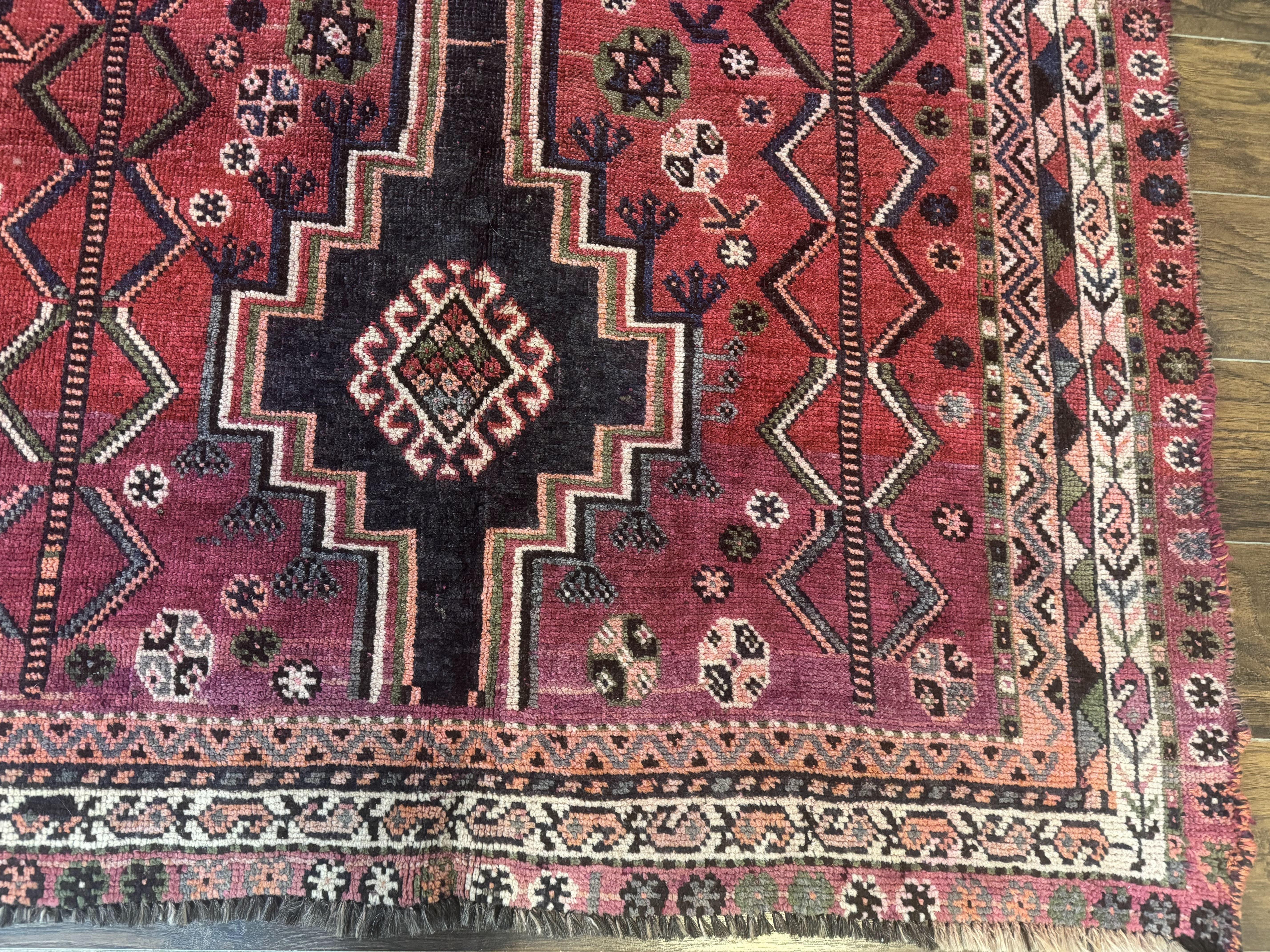 Persian Tribal Shiraz Rug 5x8, Geometric, Raspberry Red and Charcoal, Antique Persian Carpet - Jewel Rugs