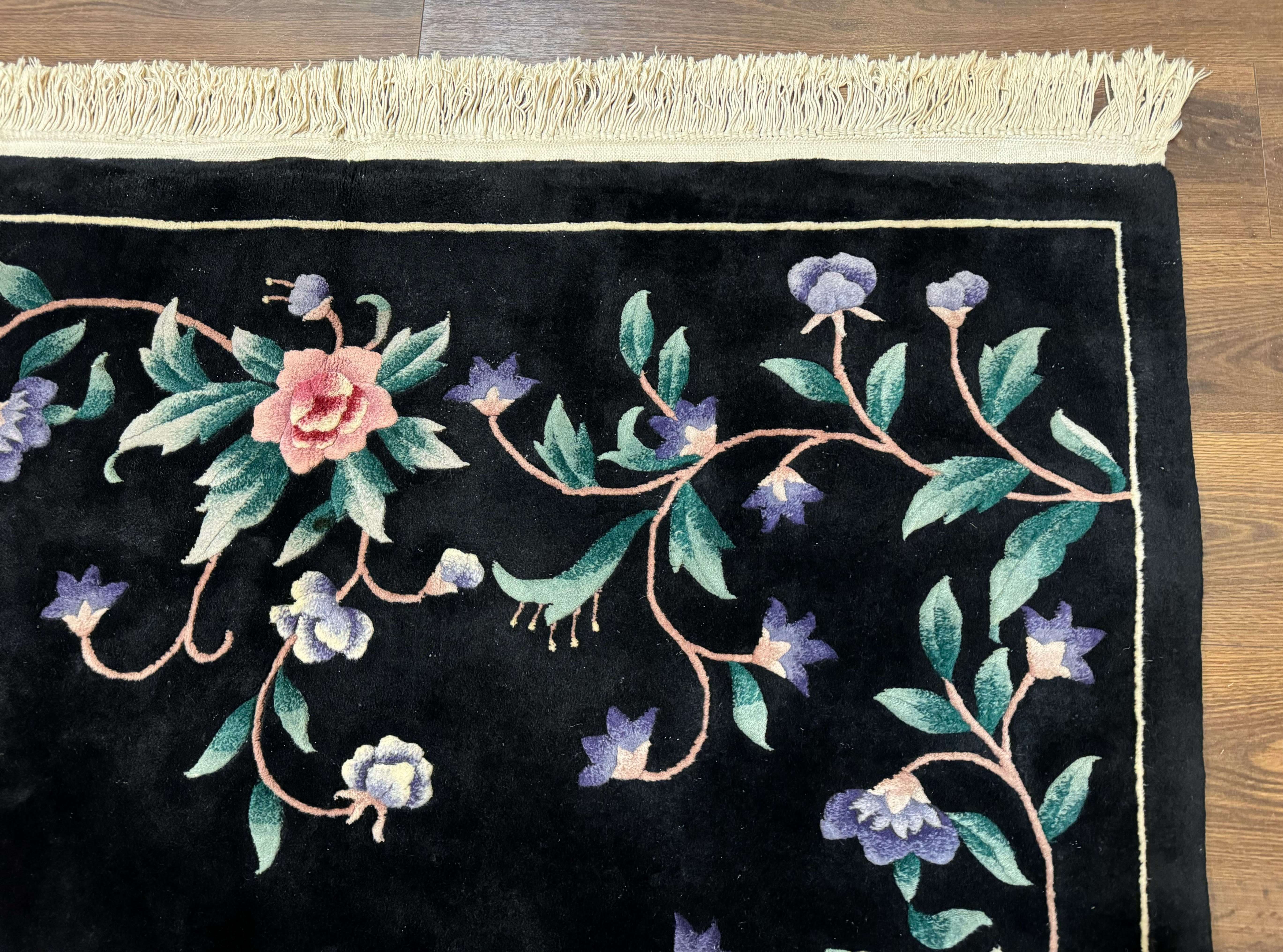 Chinese Wool Rug 6x9, Black, Floral, Minimal Design, 90 Line Carpet, Vintage Art Deco Rug - Jewel Rugs