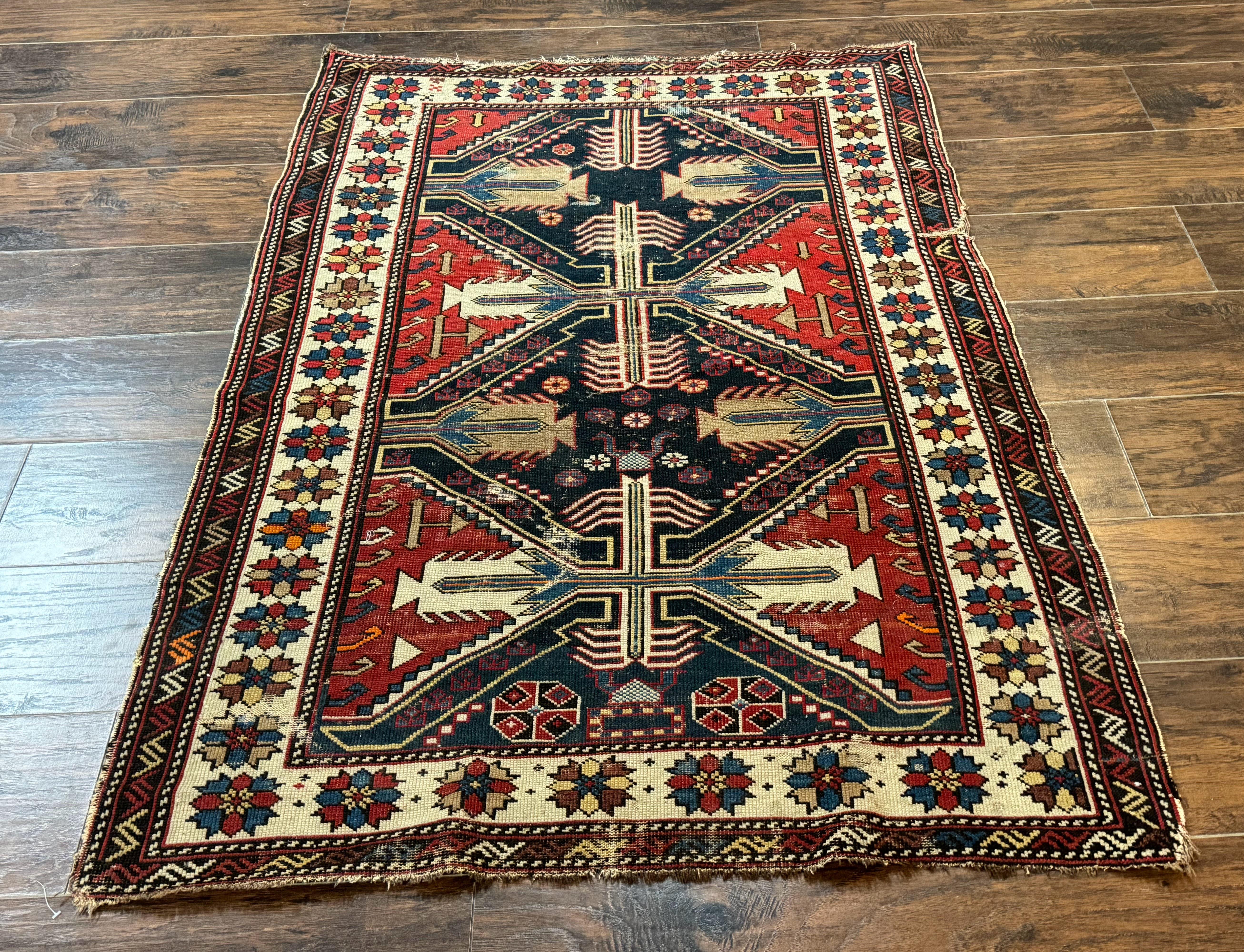 Antique Shirvan Caucasian Rug 3x5, Geometric Pattern, Red Navy Blue Beige - Jewel Rugs