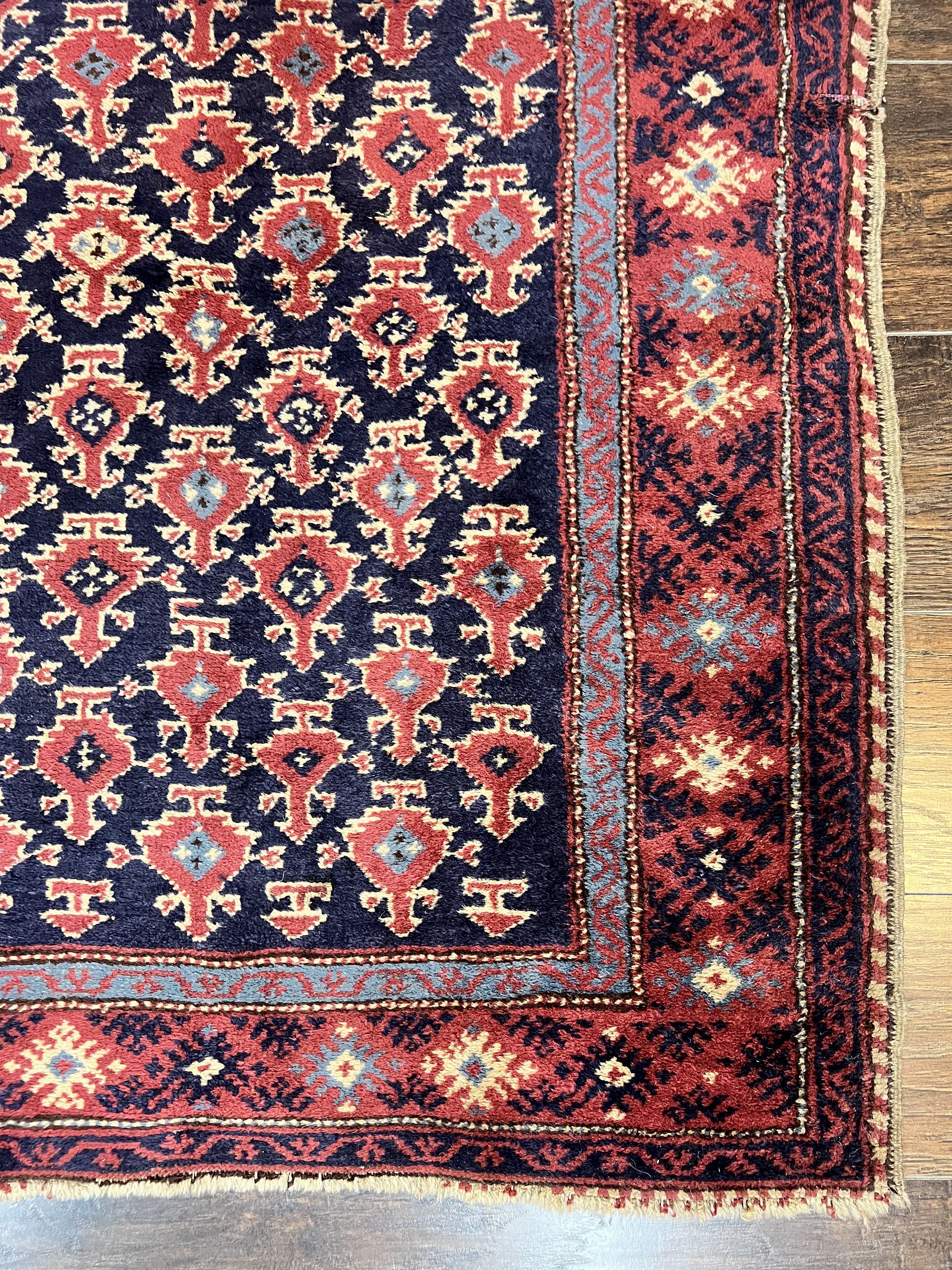 Turkish Sparta Rug 3x4, Allover Pattern, Navy Blue and Red, Antique Ispara Oriental Carpet 3 x 4, Small Turkish Handmade Vintage Wool Rug - Jewel Rugs