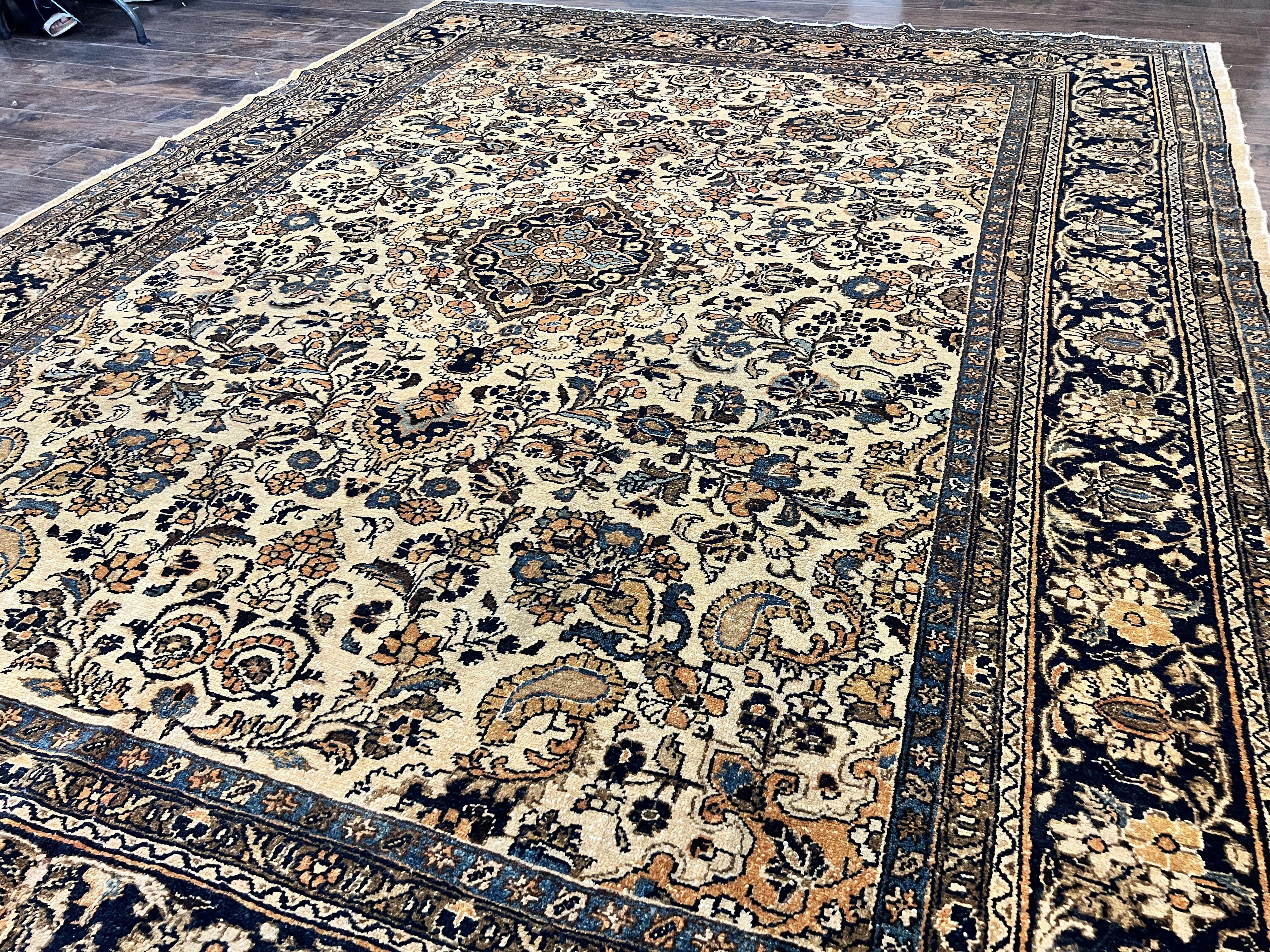 Antique Persian Rug 9x11, Wool Handmade 1920s Oriental Carpet, Persian Hamadan Anjelas Rug, Cream Black, Floral Allover Oriental Rug 9 x 11 Room Sized Rug - Jewel Rugs