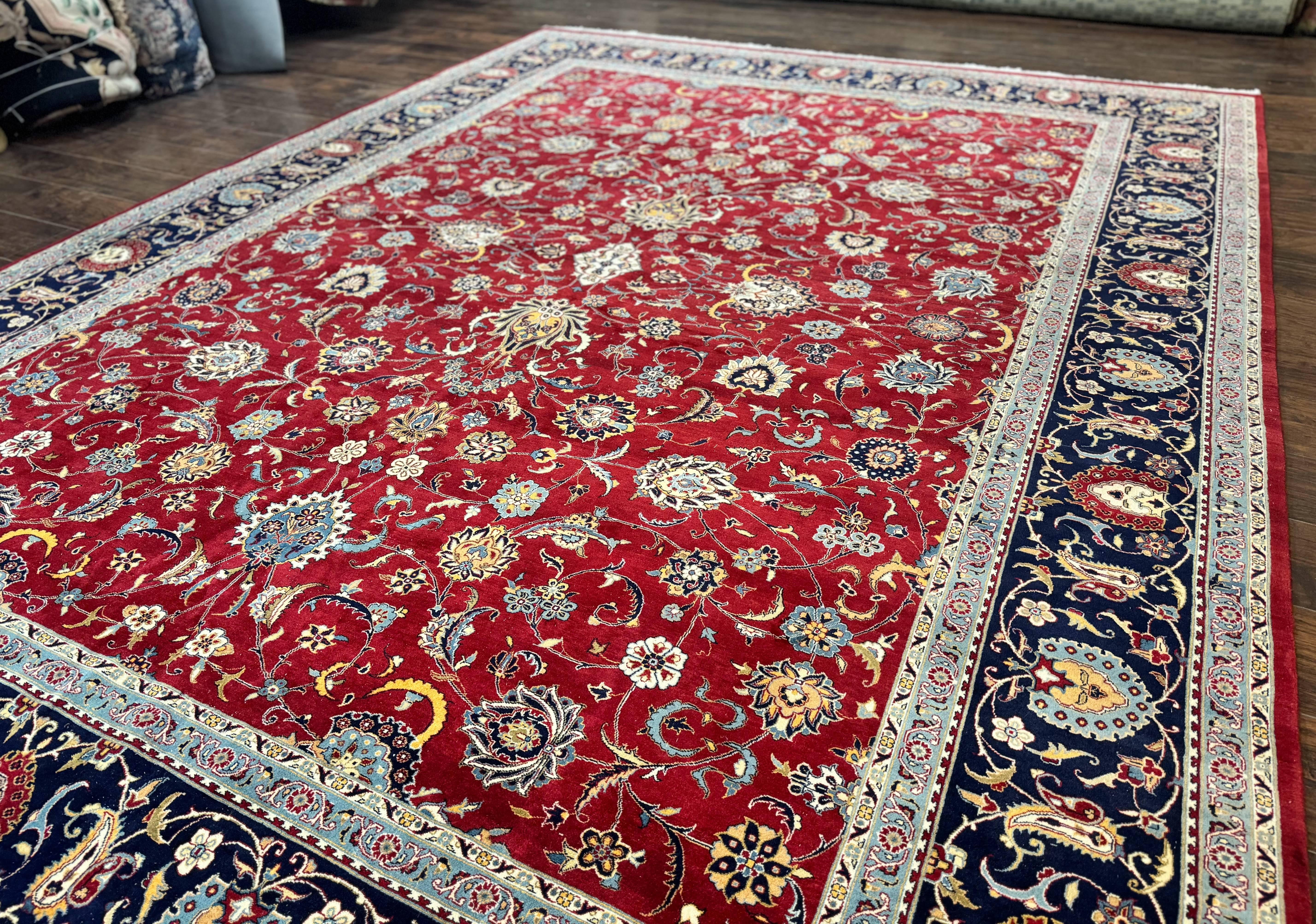 Pak Persian Rug 9x12, Red and Navy Blue, Floral Allover, Hand Knotted Vintage Wool Carpet, Fine 260 KPSI - Jewel Rugs