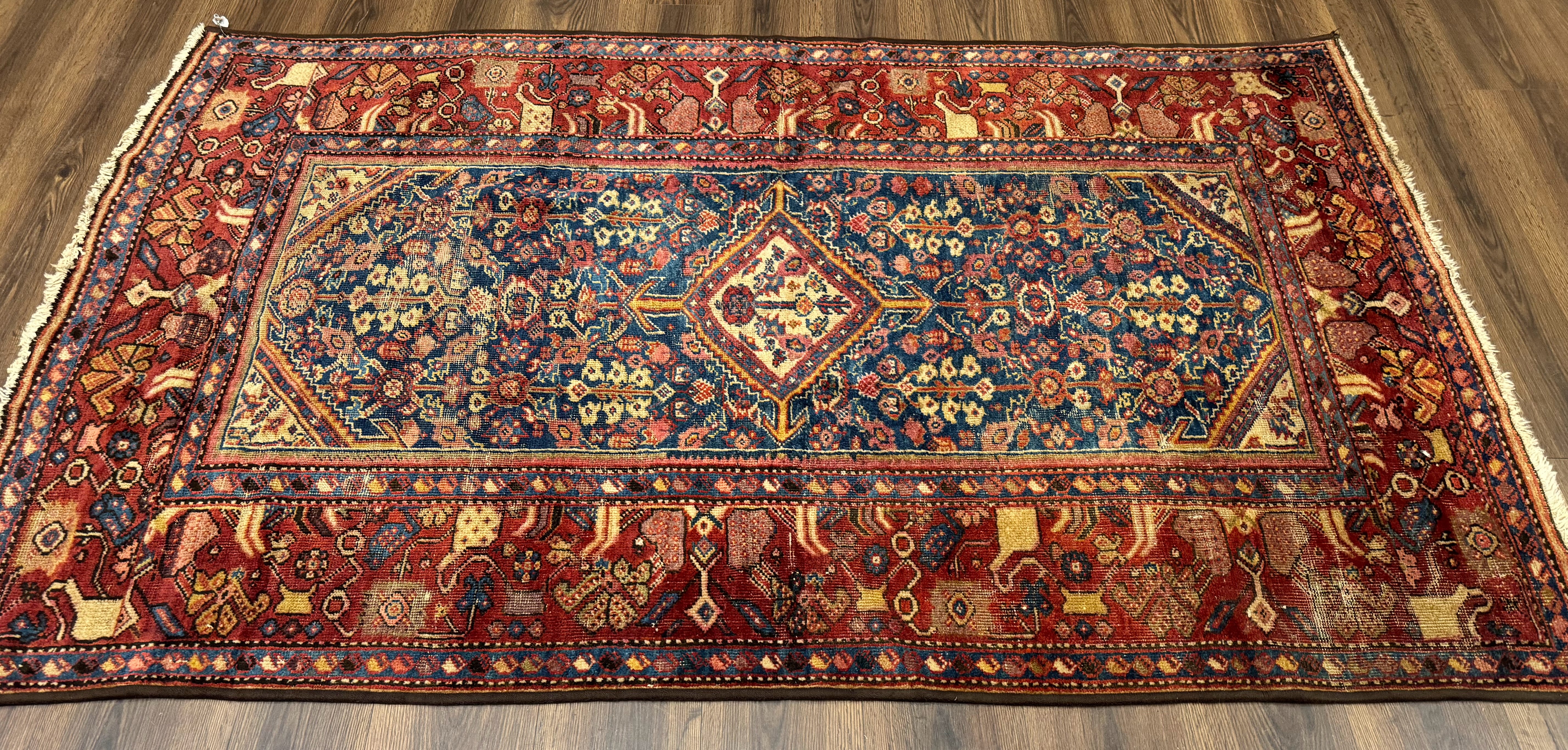 Antique Persian Rug 4x7, Blue and Red Malayer Carpet, Rare - Jewel Rugs