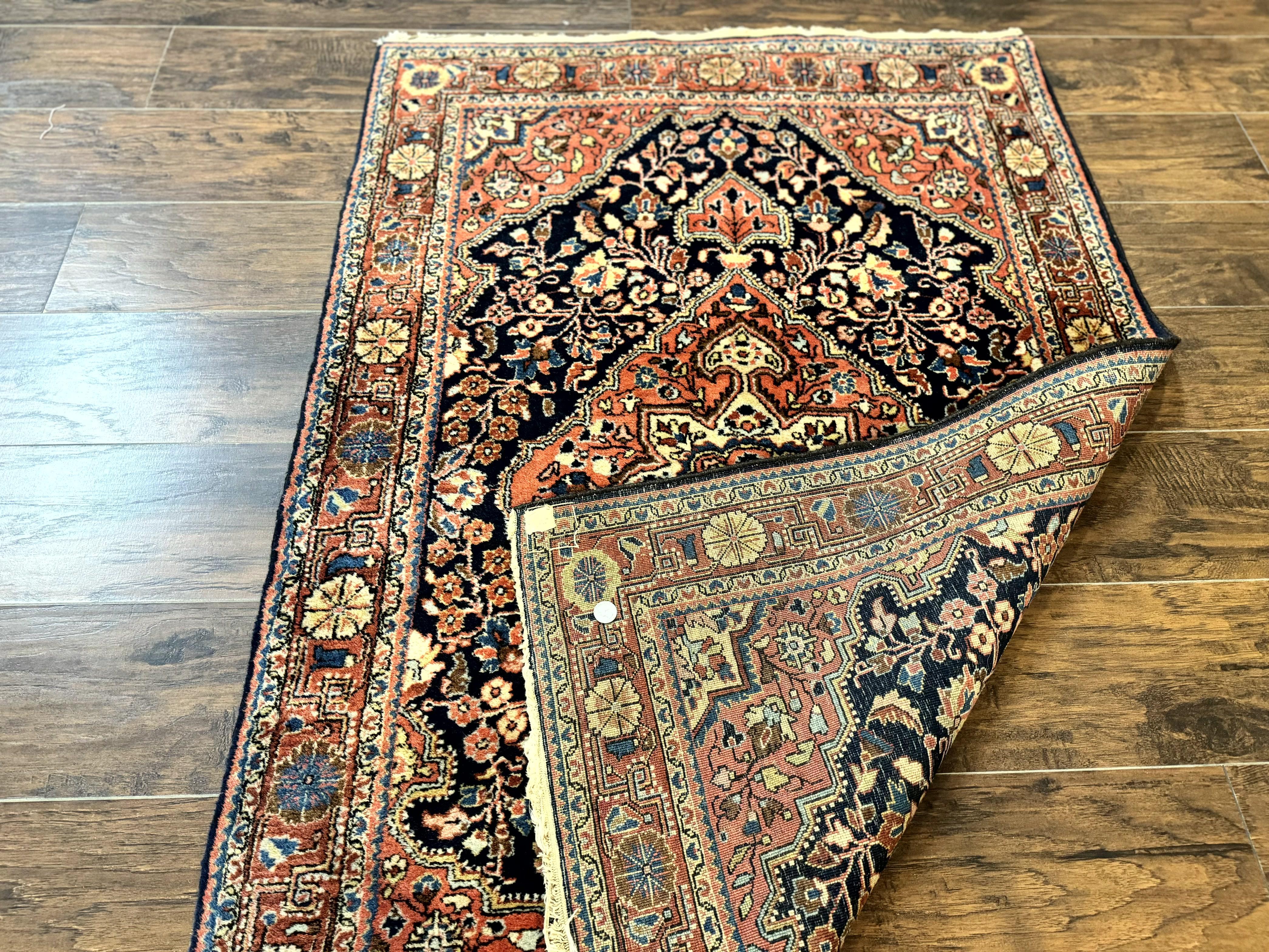 Persian Sarouk Rug 3.6 x 5, Medallion Rug, Red and Midnight Blue, Handmade Semi Antique Vintage Wool Carpet - Jewel Rugs