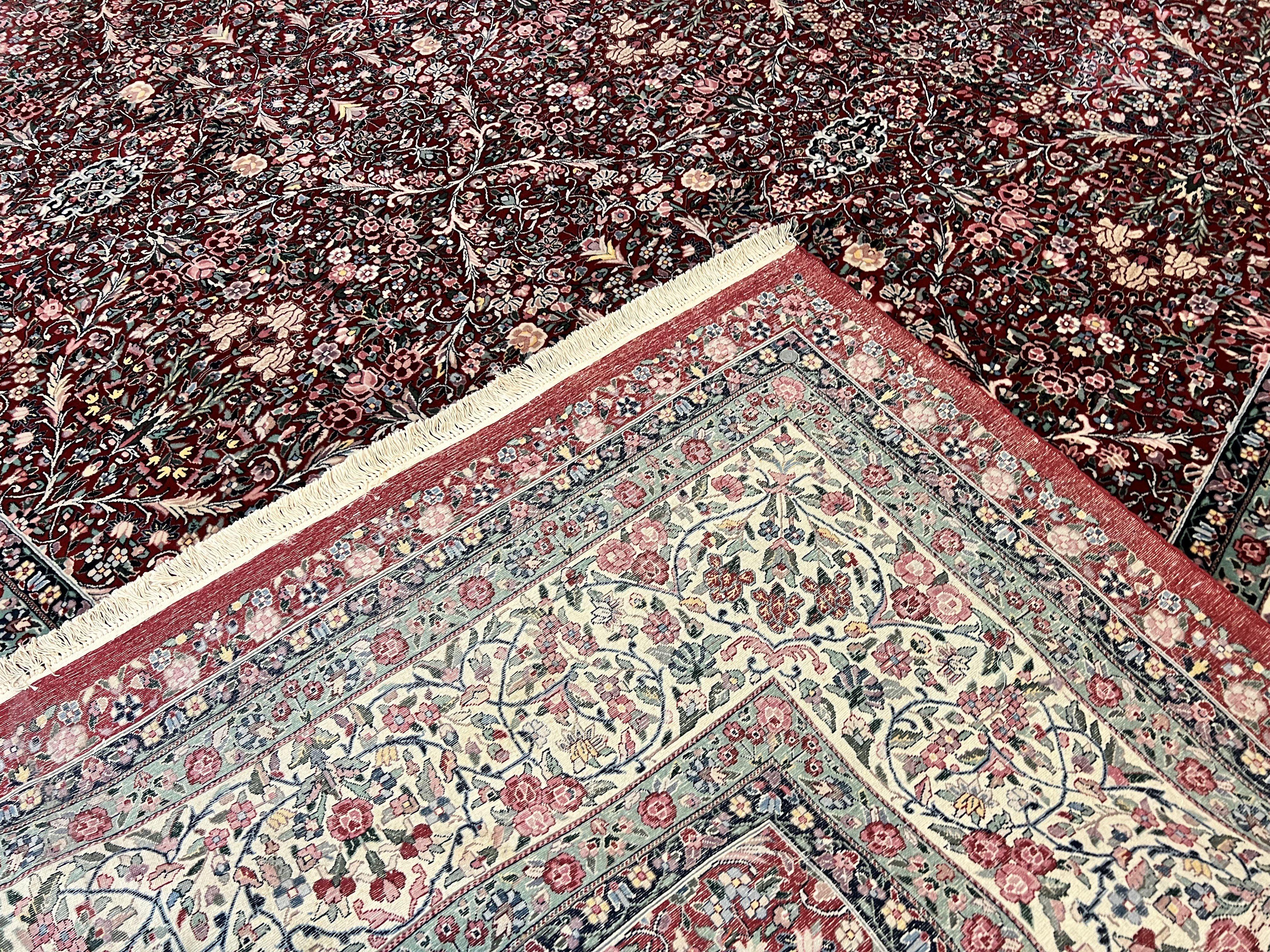 Pak Persian Rug 11x15, Wool & Silk Highlights Hand Knotted Vintage Carpet, Red Cream, Floral Allover, Oversized Kirman Rug - Jewel Rugs