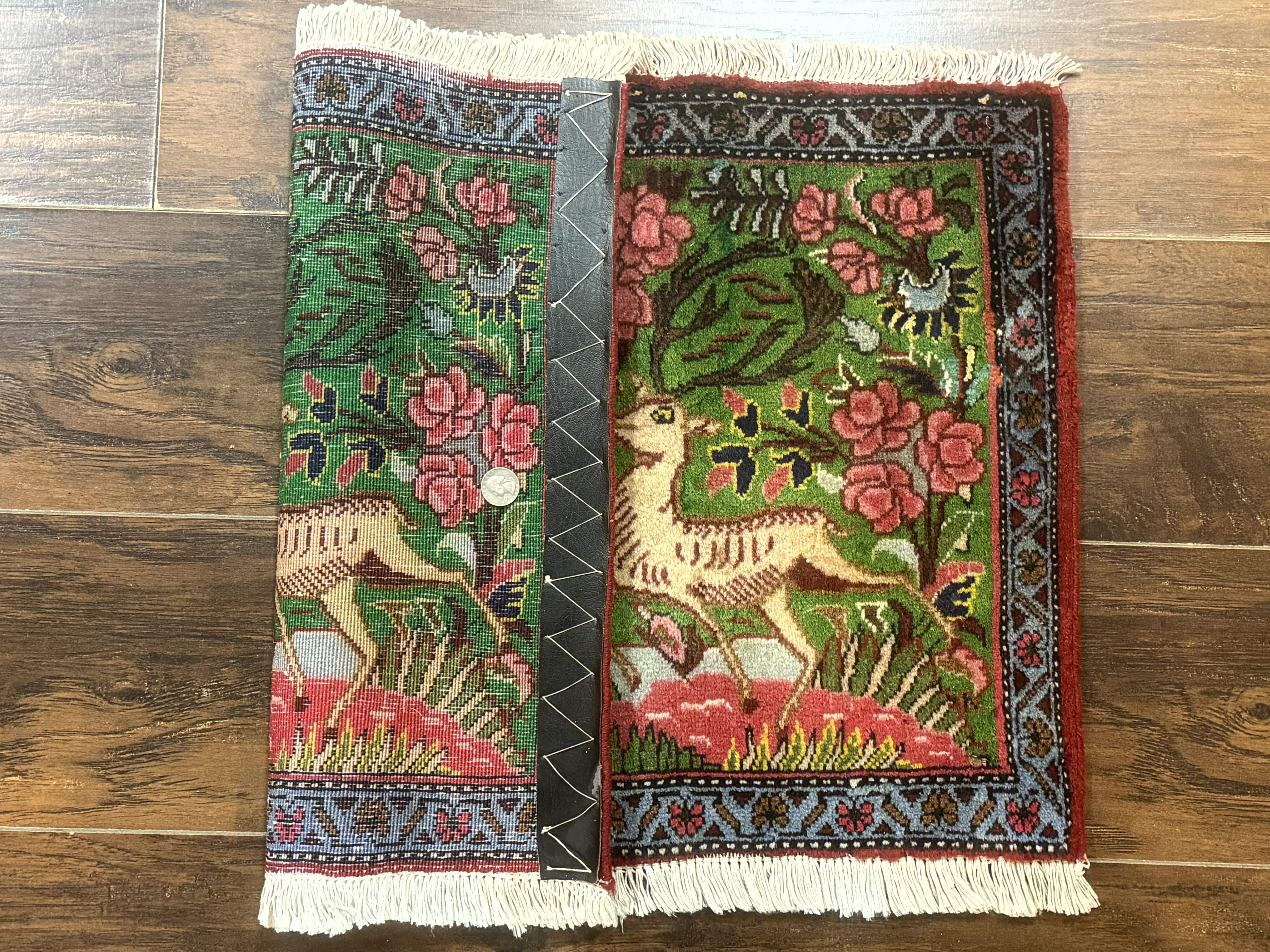 Small Persian Sarouk Rug, Deer Pictorials, Green, Hand Knotted, Fine - Jewel Rugs