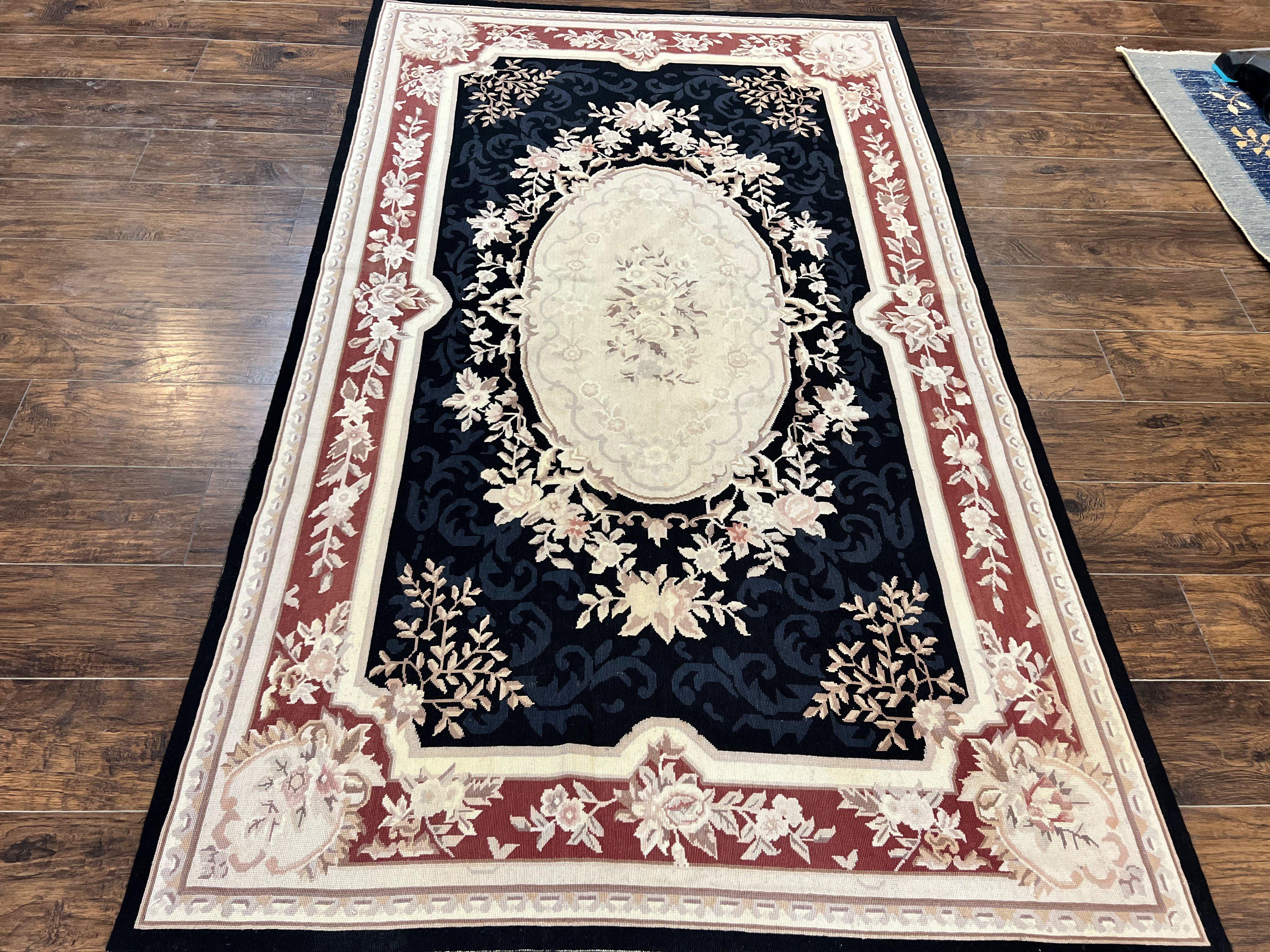 Needlepoint Rug 5x8, Wool Handmade Vintage European Design Carpet, Black & Maroon, French Aubusson Pattern Flatweave Rug - Jewel Rugs