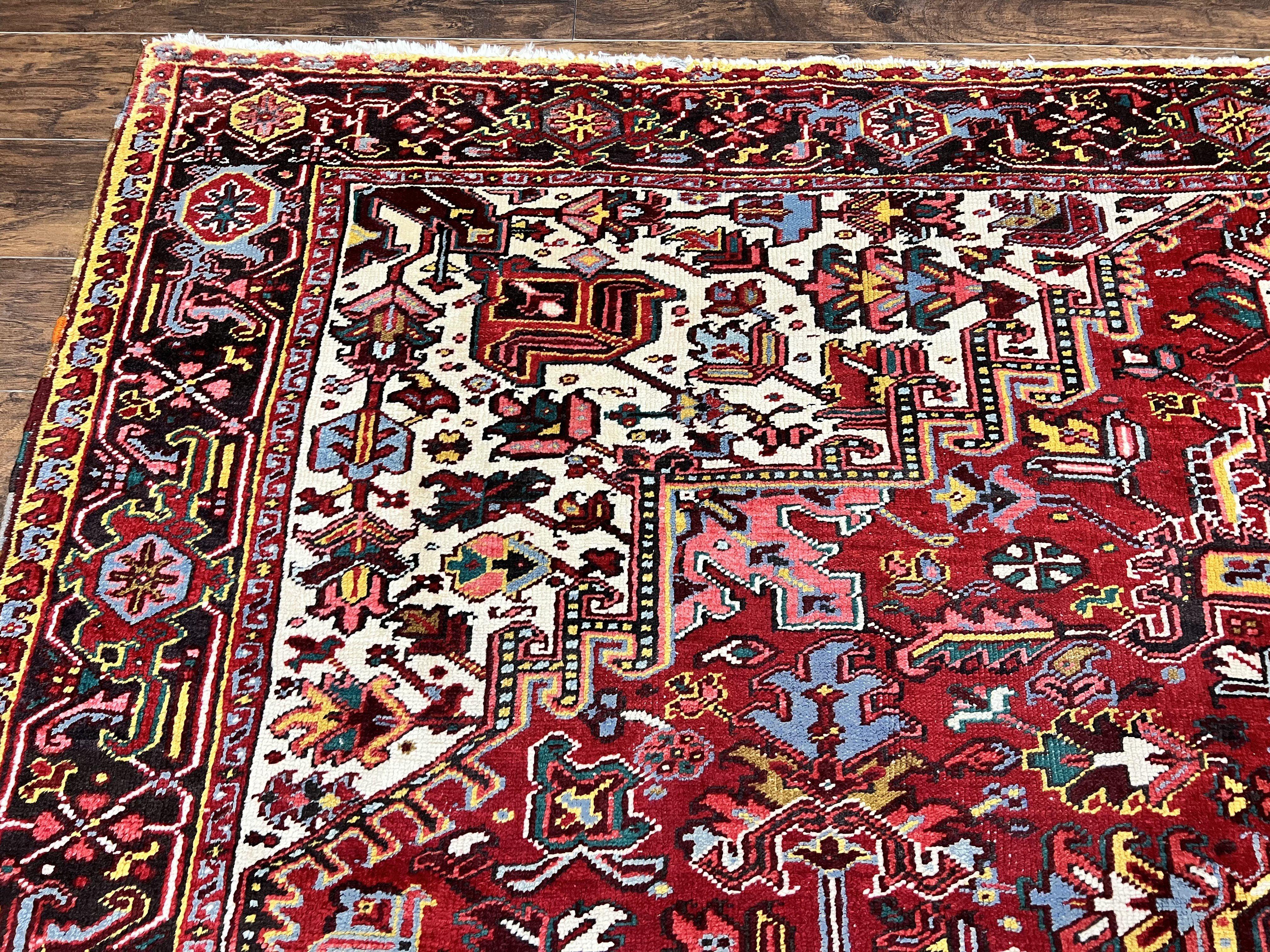 Persian Heriz Rug 10x13, Wool Hand Knotted Vintage Carpet, Geometric Medallion Tribal Oriental Rug, Red & Ivory, 10 x 13 Large Sized Rug - Jewel Rugs