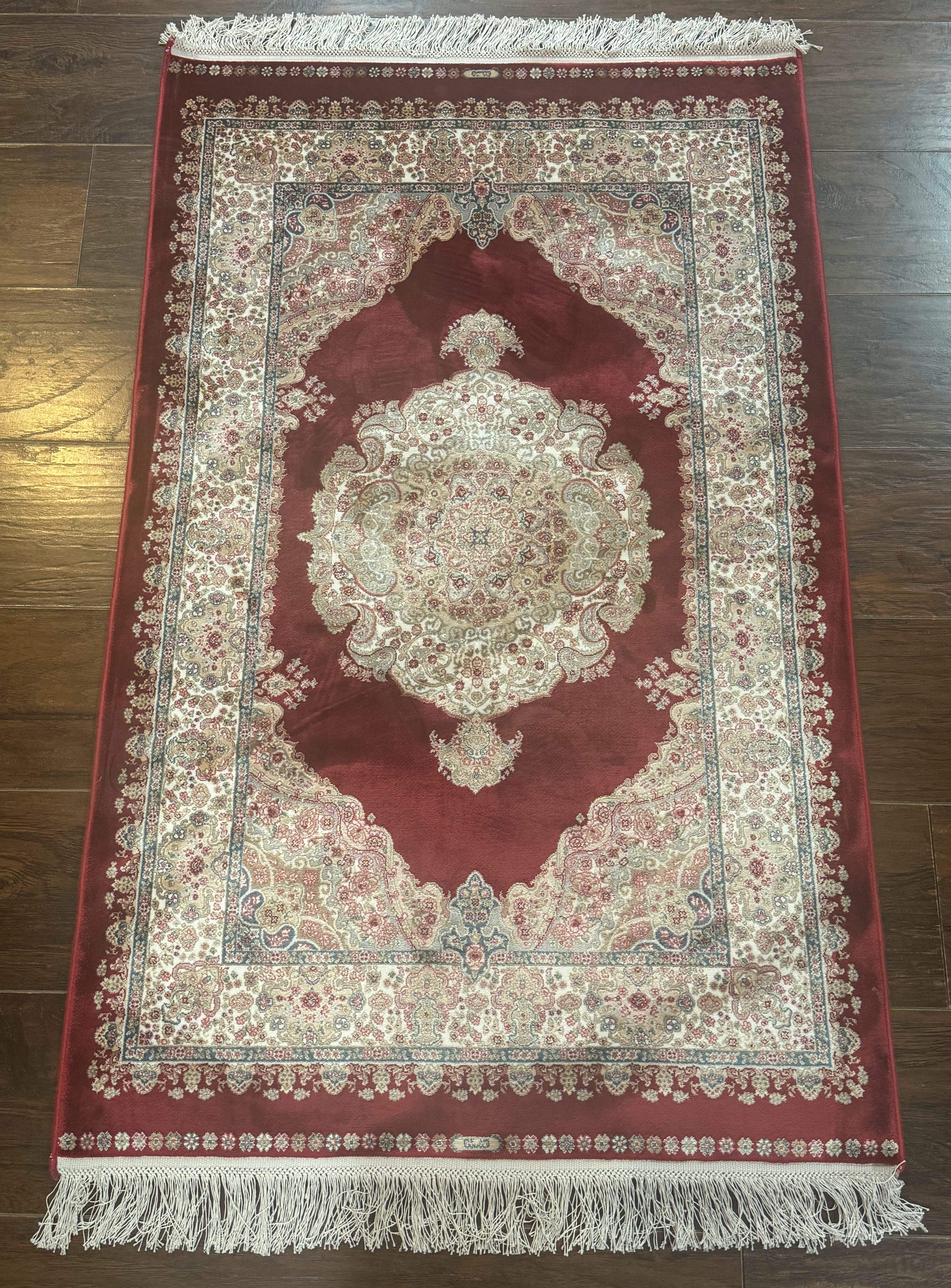 Turkish Silk Rug 2.6 x 4, Medallion, Dark Red, Fine, Bamboo Silk - Jewel Rugs