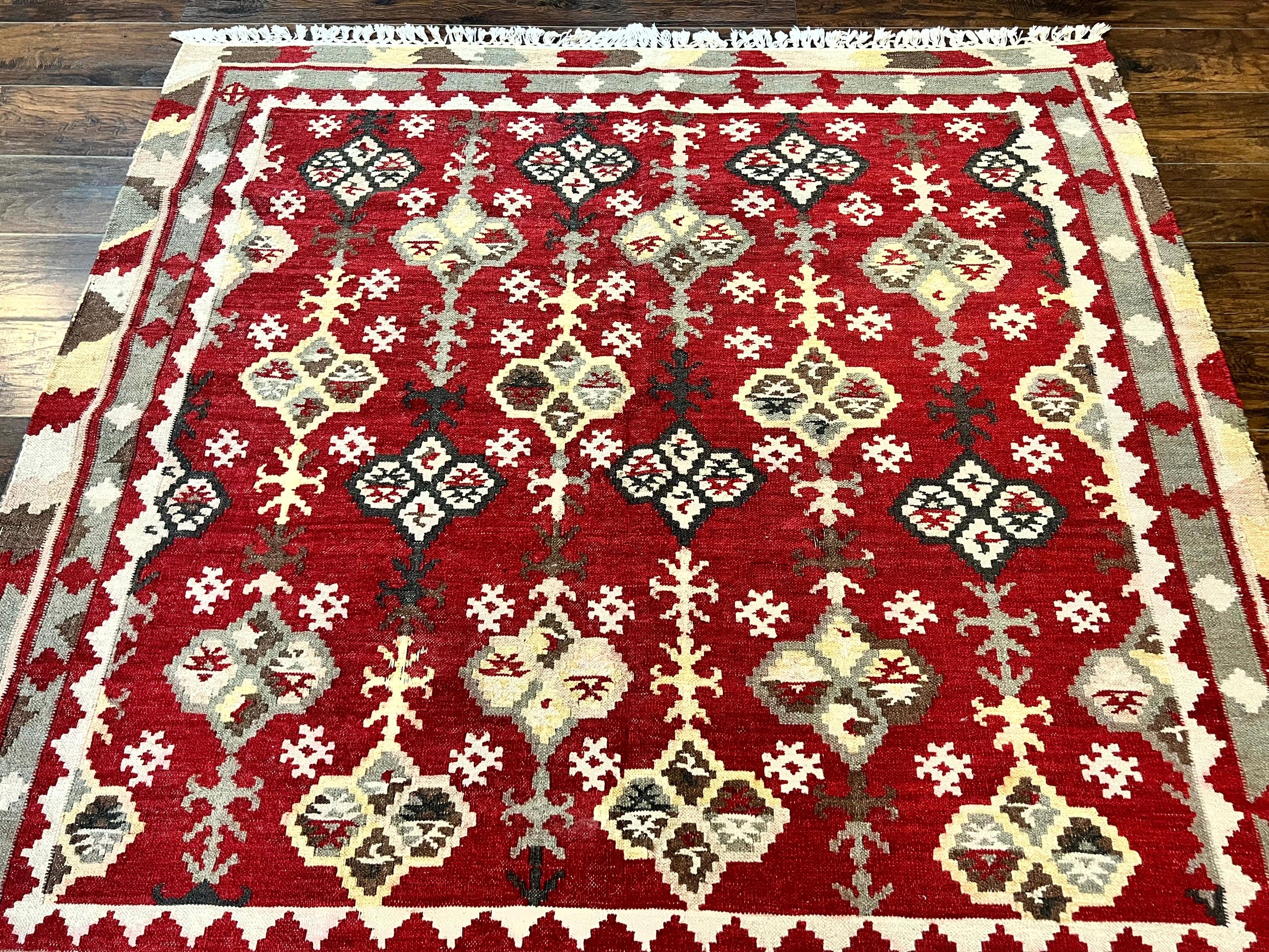 Indian Kilim Rug 6x6, Square Kilim Flatweave Carpet, Vintage Handmade Wool Rug, Red - Jewel Rugs