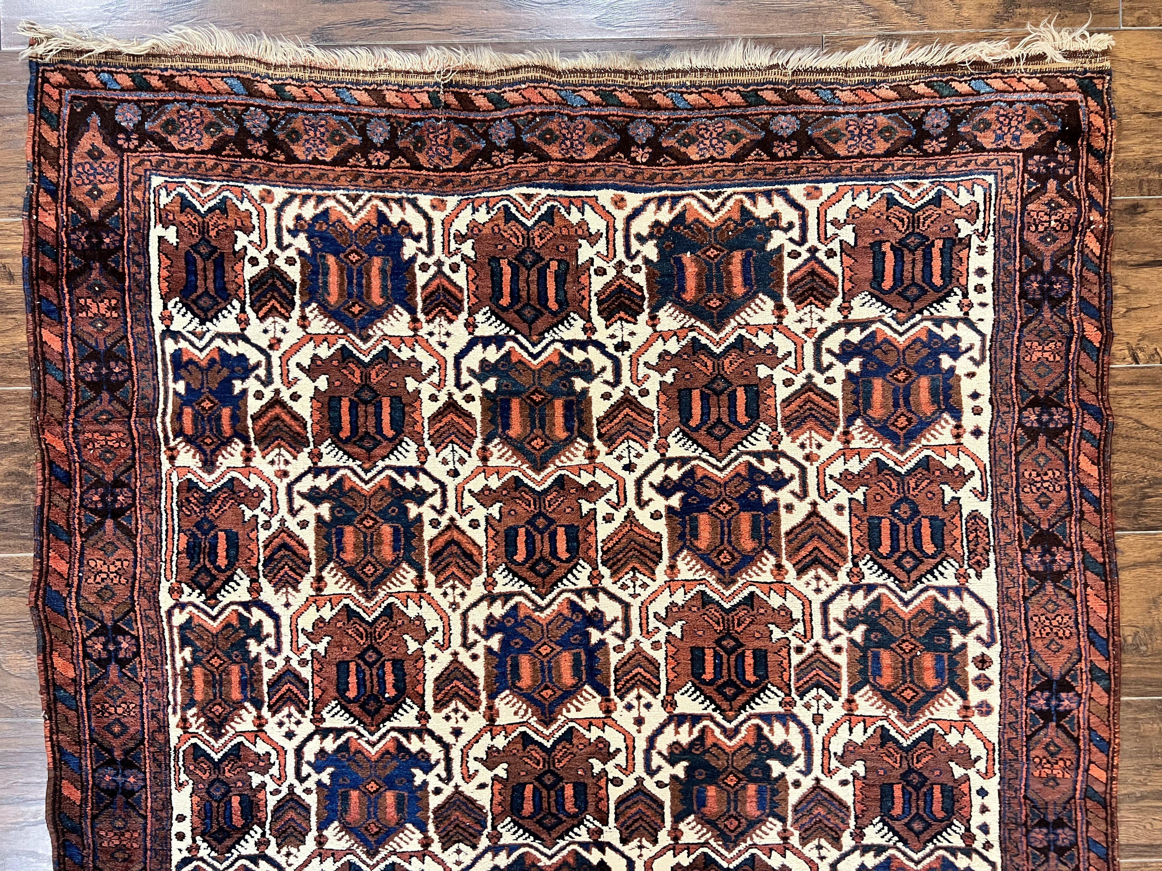 Persian Afshar Rug 4x5, Repeated Motif, Ivory & Burgundy, Wool Tribal Oriental Carpet, Handmade Vintage Semi Antique Medium Sized Rug - Jewel Rugs