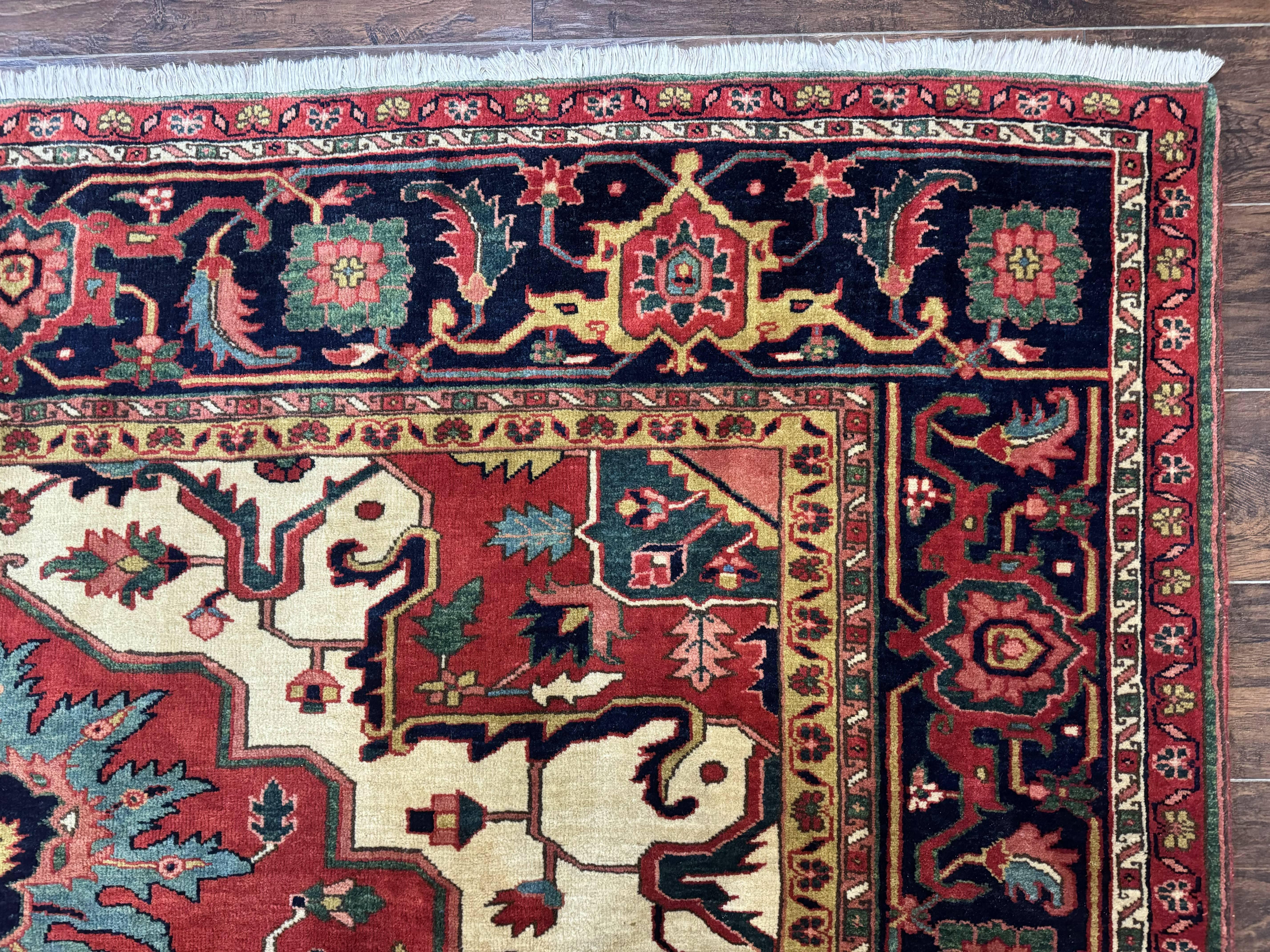 Persian Heriz Serapi Rug 8 x 10.6, Geometric Medallion, Great Colors, Rare, Red Navy Blue Ivory - Jewel Rugs