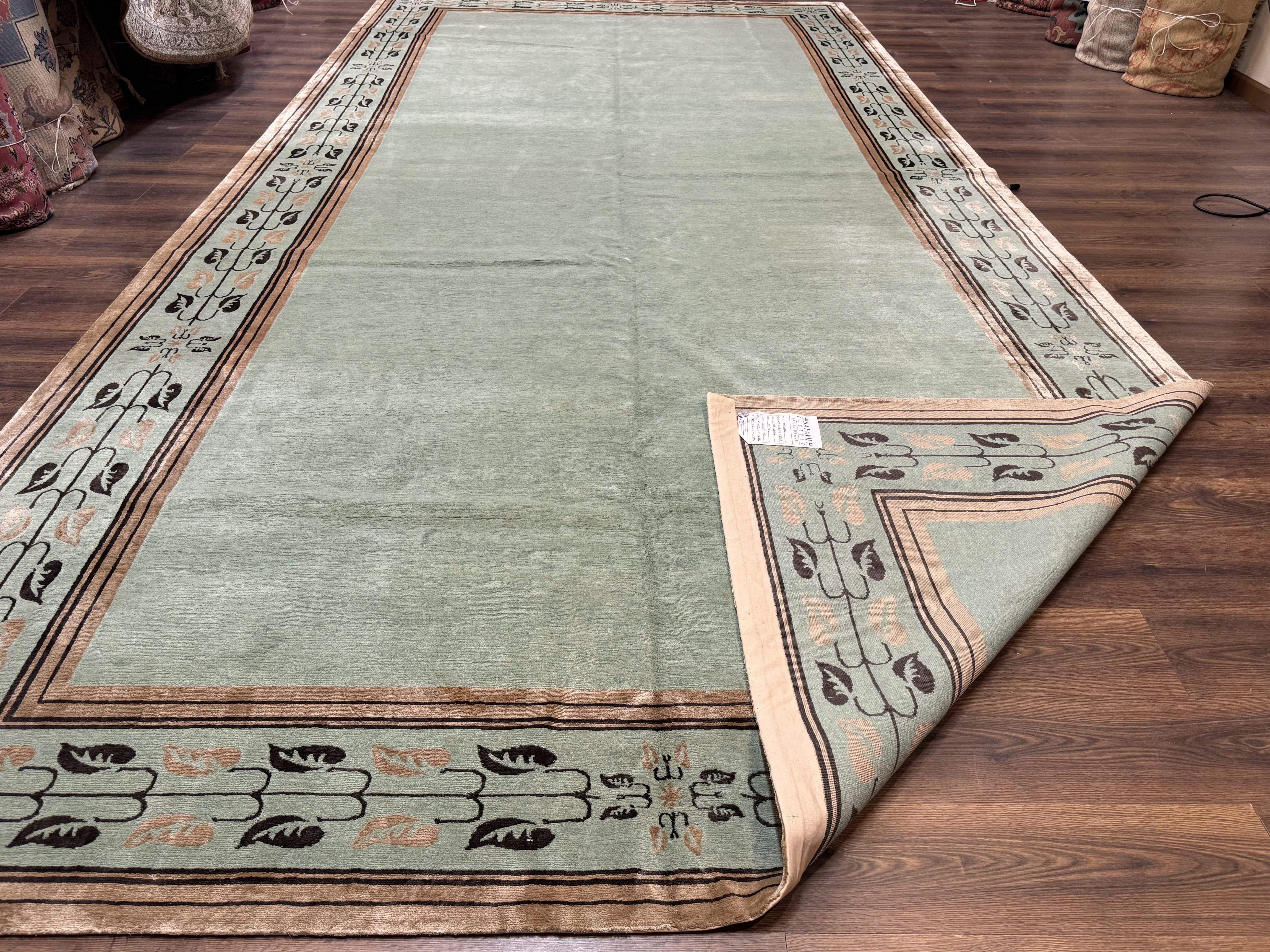 Palace Size Nepali Rug 9x18, Open Field, Light Mint Green, Wool Hand Knotted, Modern Contemporary - Jewel Rugs