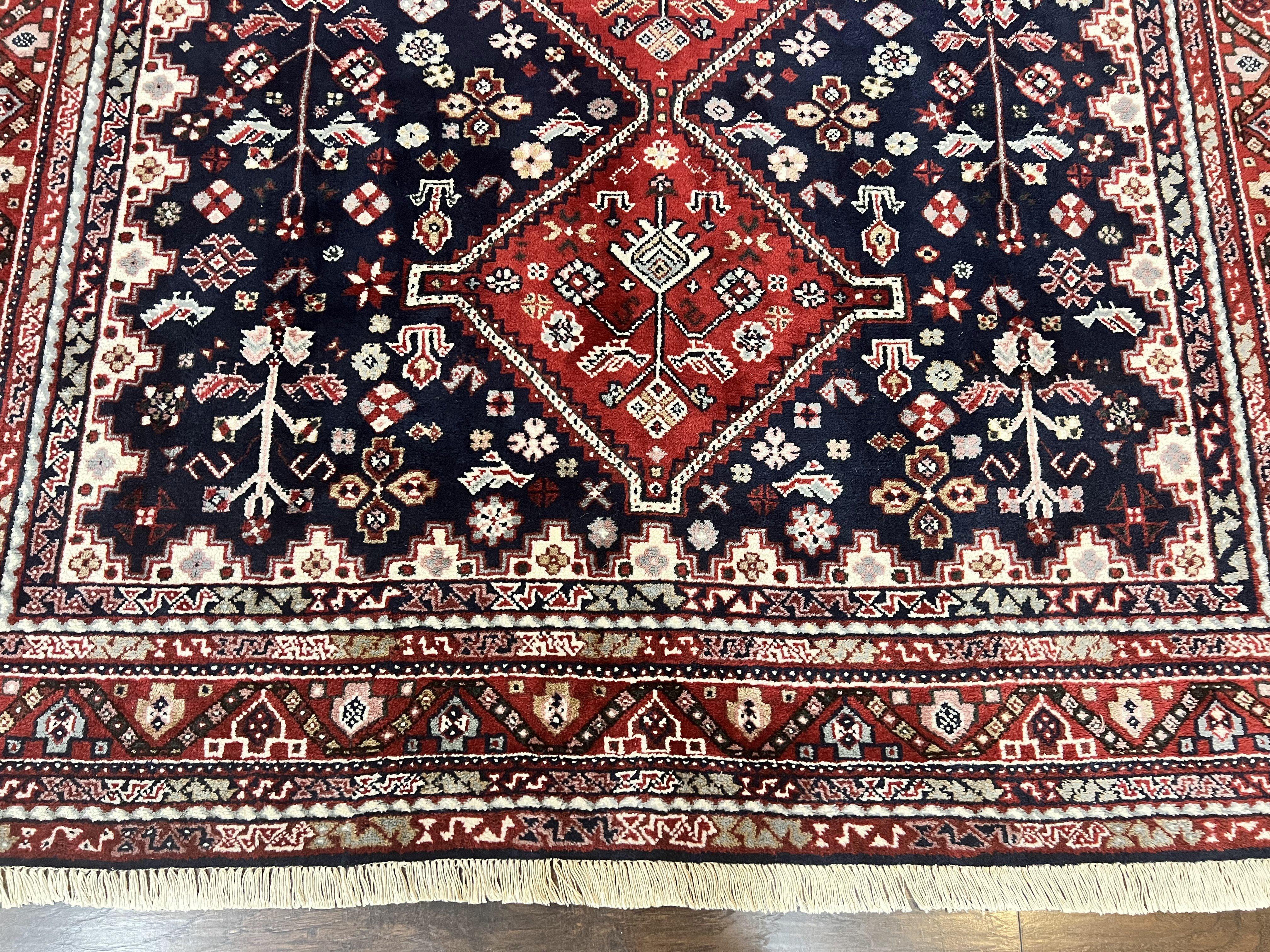 Persian Shiraz Tribal Rug 8x9, Geometric Medallions, Navy Blue and Red, Hand Knotted Handmade Semi Antique Wool Carpet - Jewel Rugs