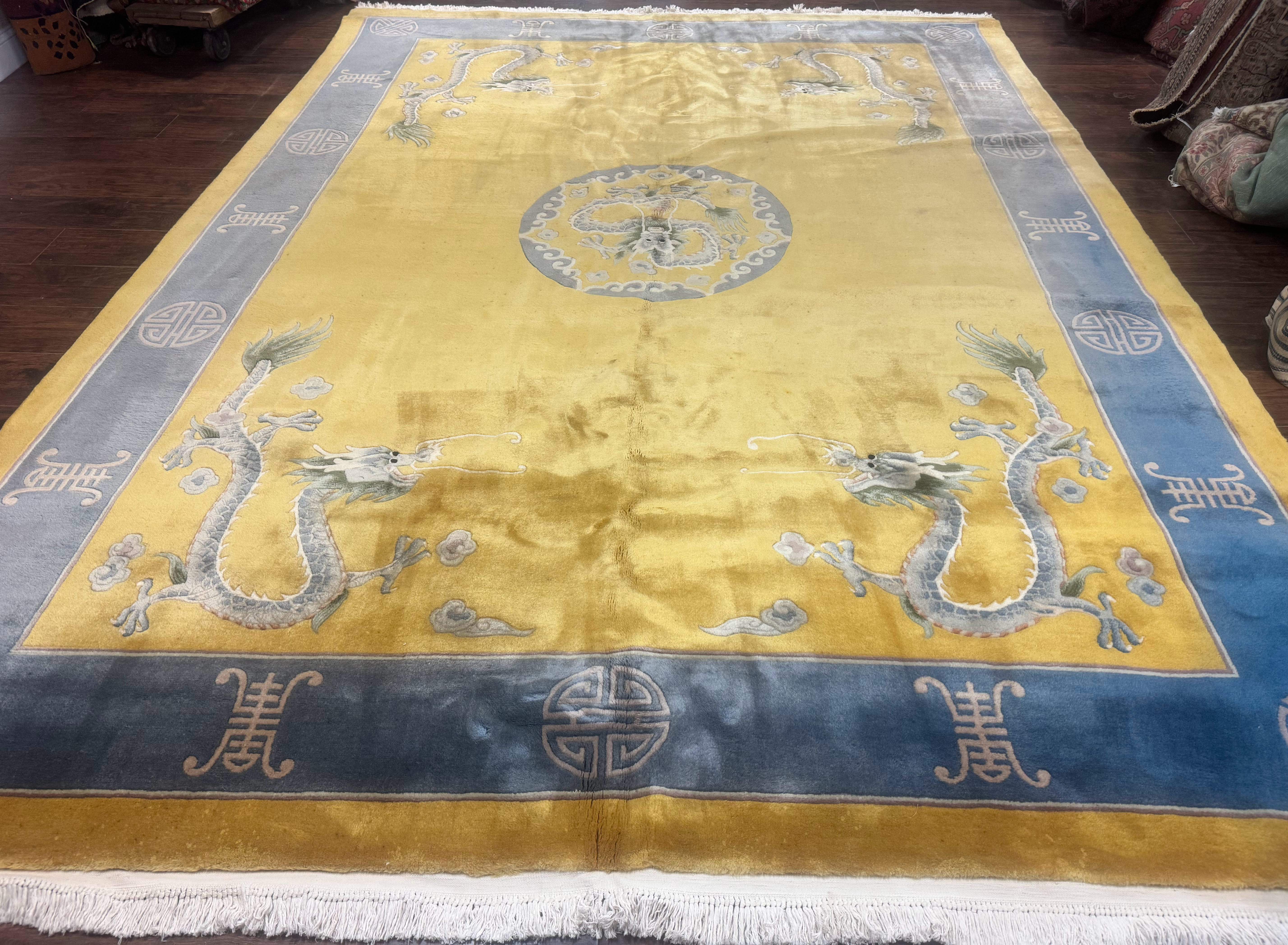 Chinese Wool Rug 9x12, Dragons and Center Medallion, Minimalistic Design, Gold and Light Blue, Peking Rug, 90 Line - Jewel Rugs