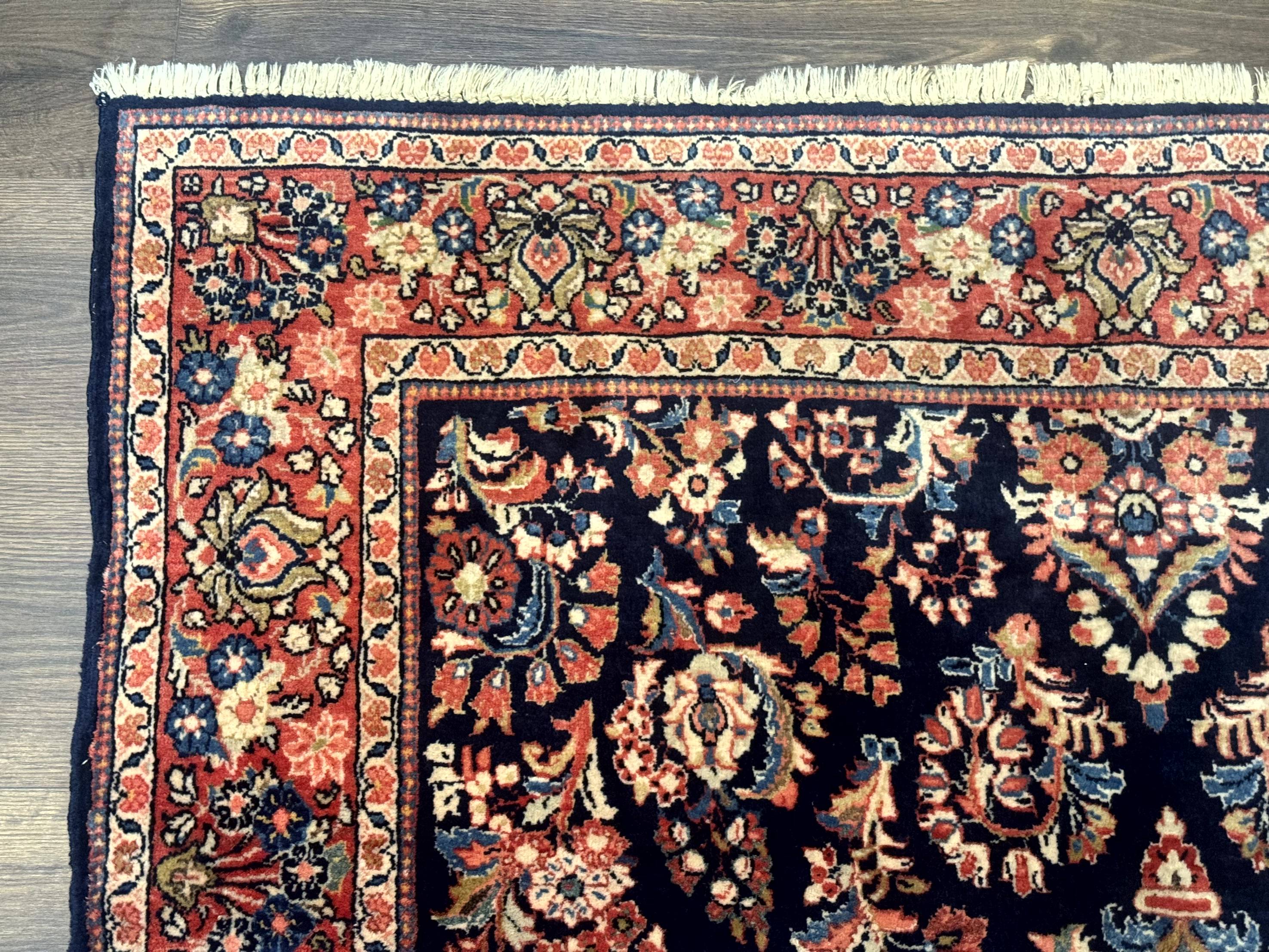 Navy Blue Persian Rug 4x6, Sarouk Mohajeran Carpet, Antique Persian Rug, Floral - Jewel Rugs