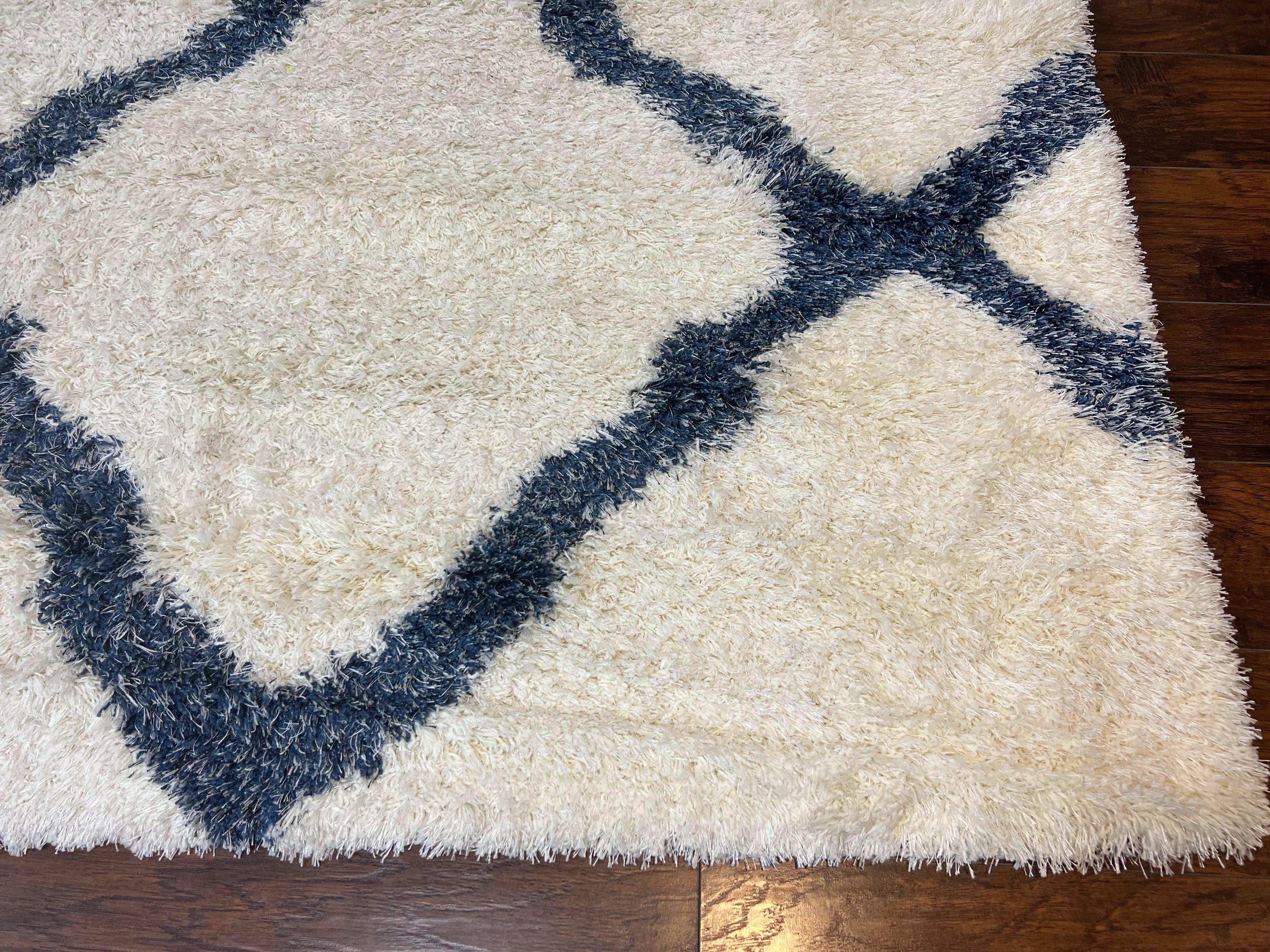Modern Shag Rug 9x12, Ivory and Dark Blue, Diamond Pattern, Soft, Room Sized, Contemporary Rug, Plush - Jewel Rugs