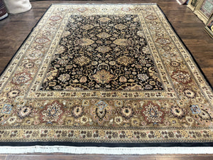Indo Persian Rug 9x12, Floral Allover, Midnight Blue, Handmade Vintage Wool Oriental Carpet
