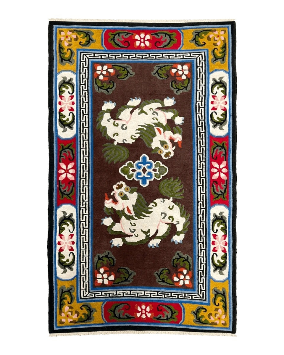 Chinese Peking Rug 3x5 with Animal Pictorial, Brown Ivory Gold Red, Handmade Vintage Chinese Carpet, Art Deco Rug, Unique Asian Oriental Rug China 3x5 in Brown, Ivory, Gold, Red, Blue and Light Blue - 2203L003