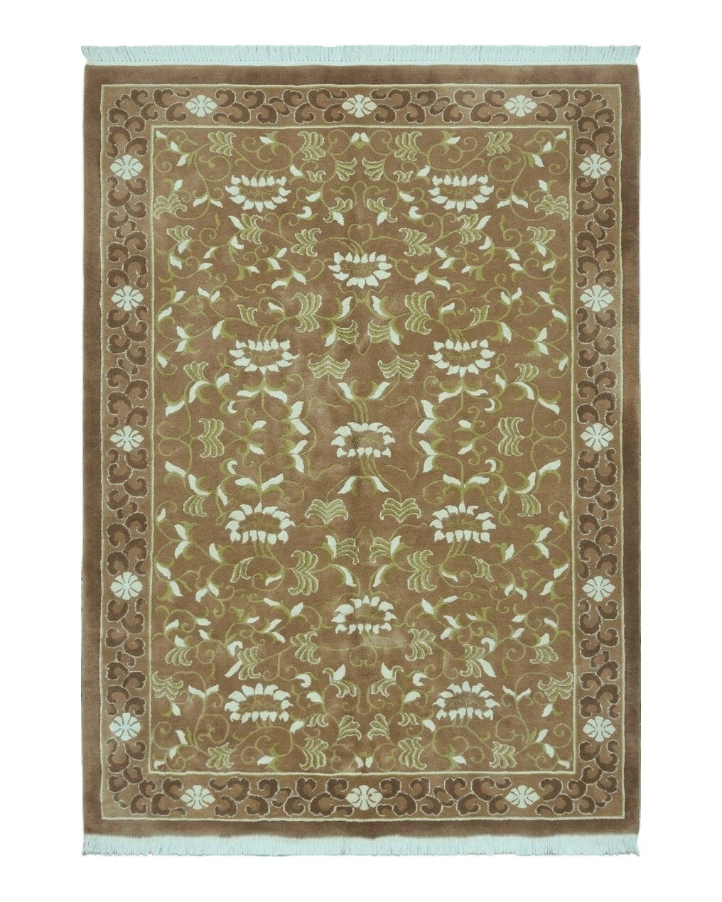 Chinese Wool Rug 6x9, Floral China 6' 1" x 8' 9" in Light Brown and Cream, Green - 2604J015