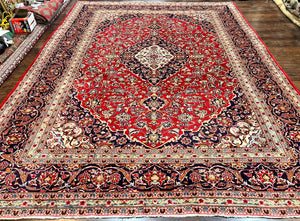Persian Kashan Rug 10x13, Floral Medallion, Traditional Area Rug, Red Navy Blue Ivory, Handmade Semi Antique Vintage Wool Oriental Carpet 10 x 13