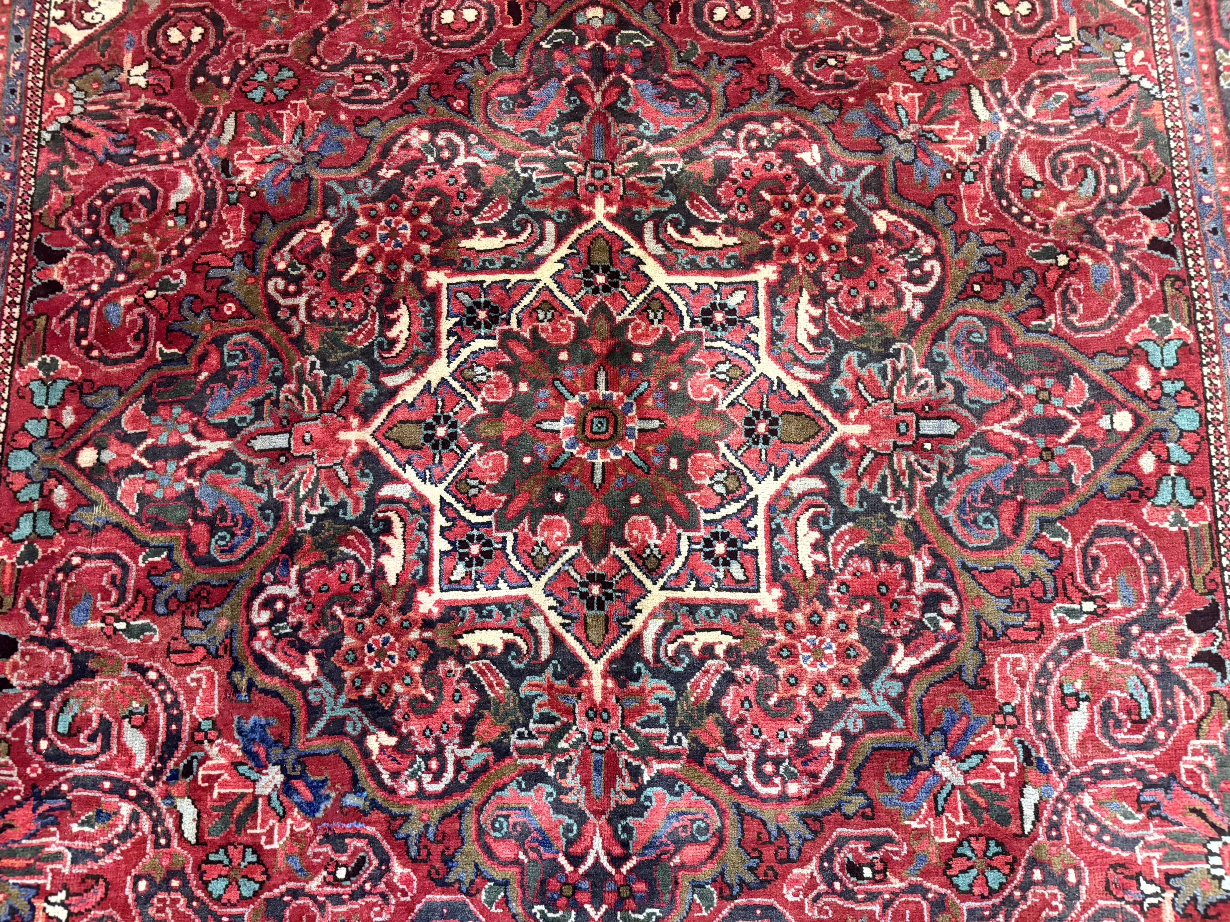 Persian Heriz Rug 7x10, Red and Navy, Geometric Medallion, Vintage Wool Carpet - Jewel Rugs