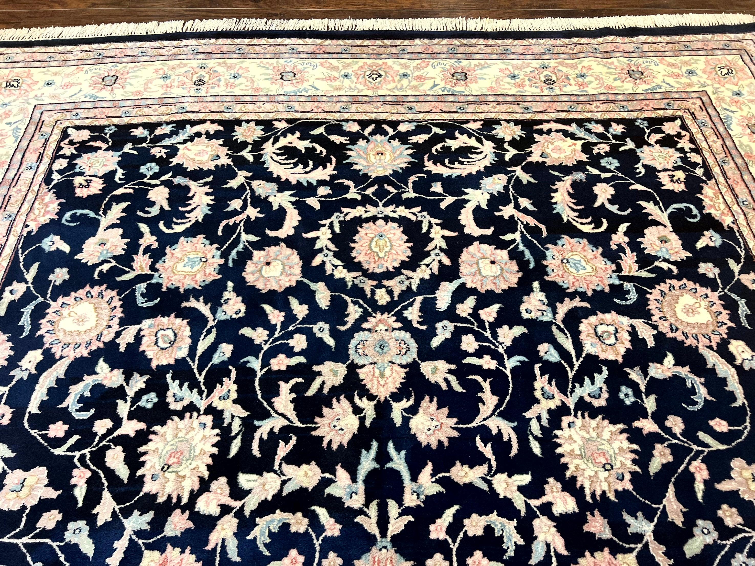 Indo Persian Rug 9x12, Navy Blue and Ivory/Cream, Floral Allover, Wool Vintage Handmade Carpet - Jewel Rugs