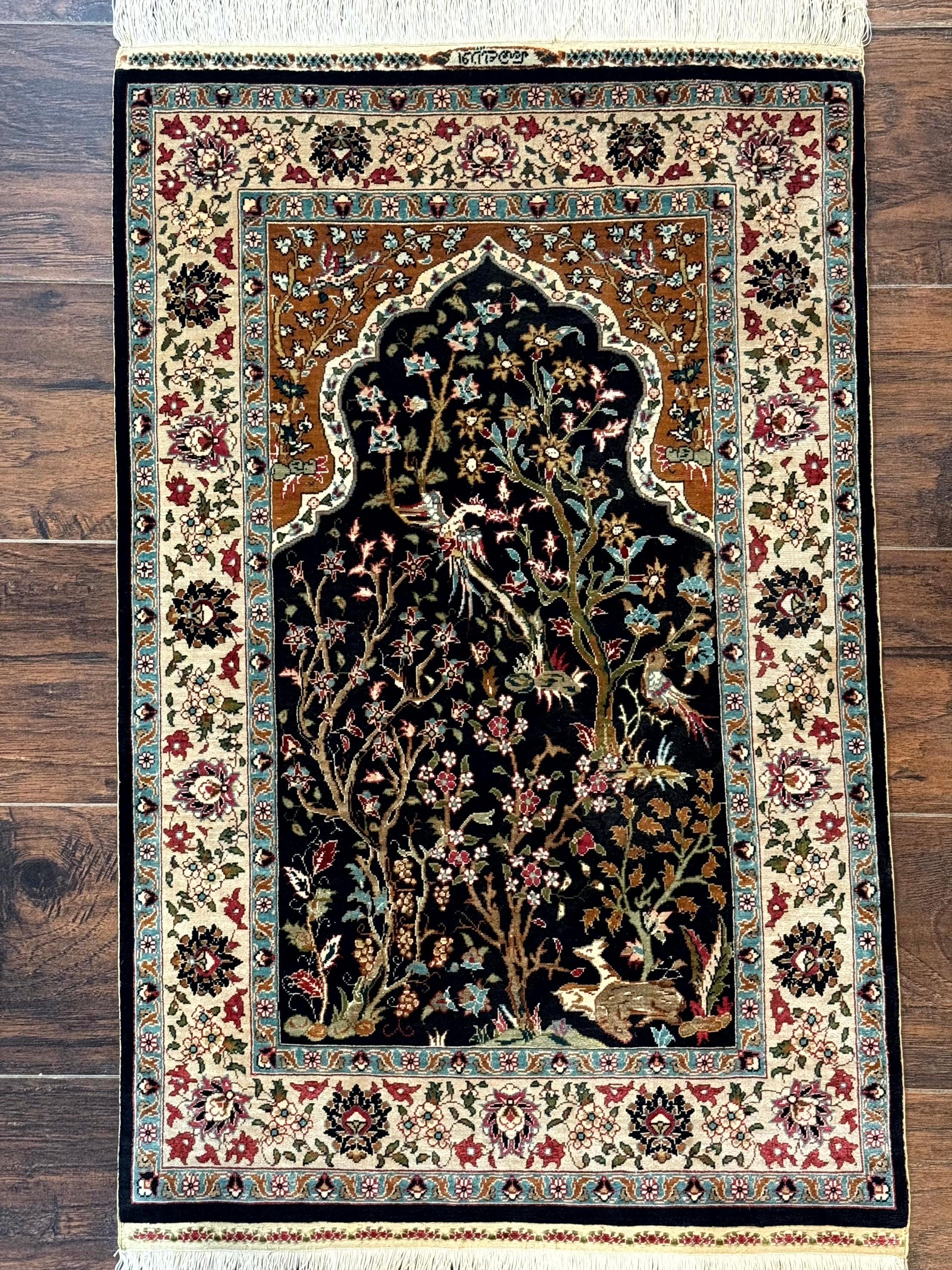 Small Silk Turkish Hereke Rug 2x3, Tree of Life Design, Bird and