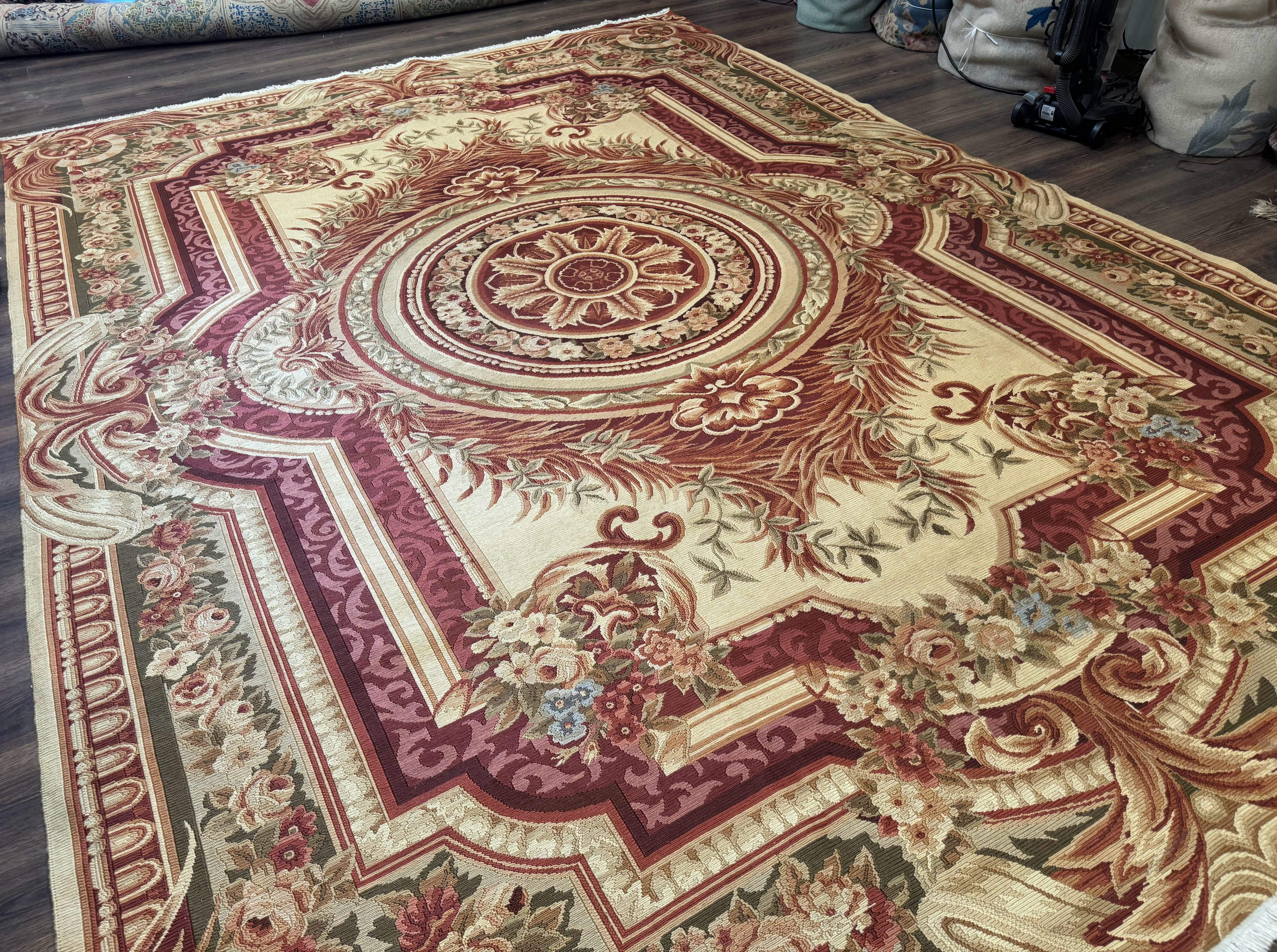 Large Aubusson Rug 10x13, Thick Flatweave Carpet, Elegant European Design, Cream and Raspberry - Jewel Rugs