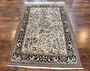 Persian Qum Tree of Life Rug 5x7, Wool and Silk Highlights, Animal Motifs, Vintage Hand Knotted Handmade Cream & Black Fine Oriental Carpet
