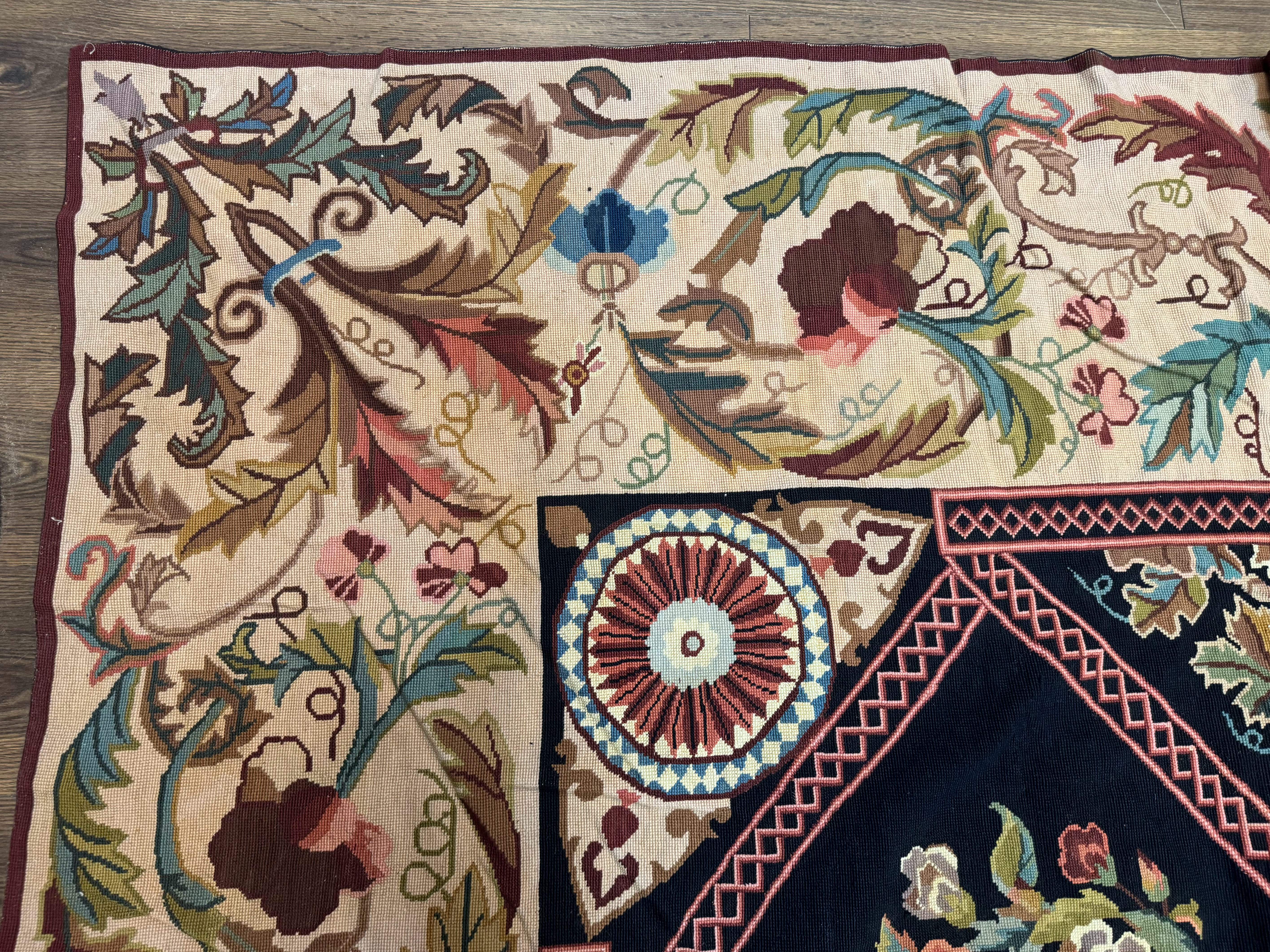 Palace Size Needlepoint Rug 12x20, European French English Aubusson Floral Design, Black and Beige - Jewel Rugs