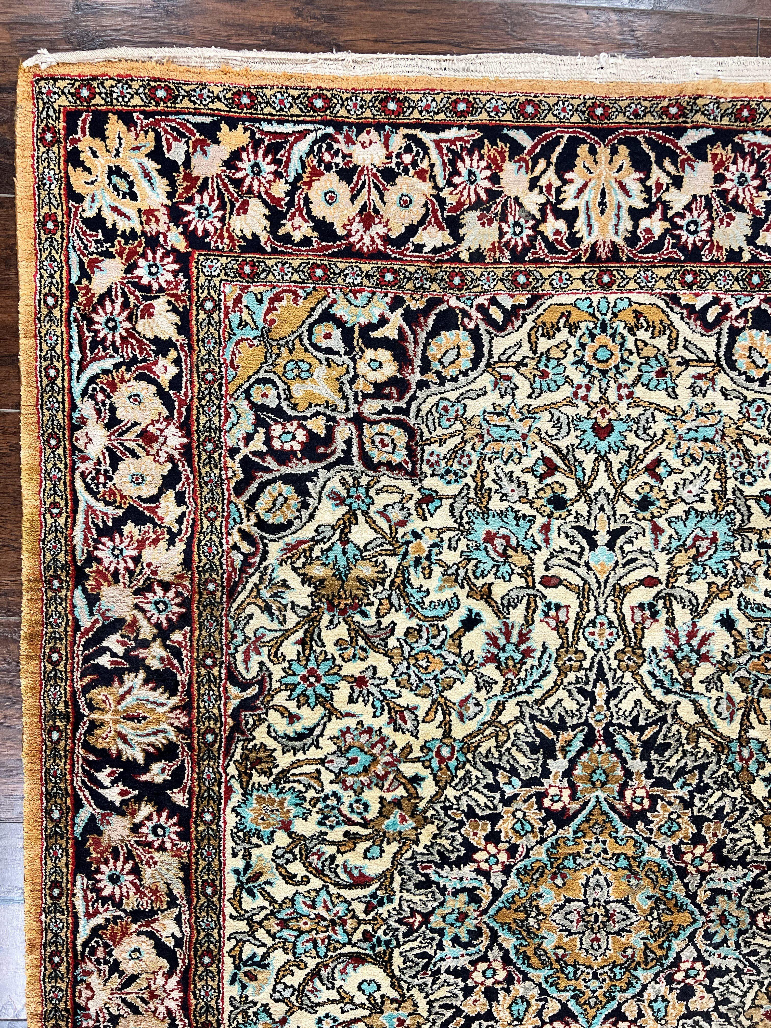 Silk Persian Qum Rug 4x5, Hand Knotted Vintage Carpet, Cream & Navy Blue, Silk Pile on Silk Foundation, Very Fine 360 KPSI - Jewel Rugs