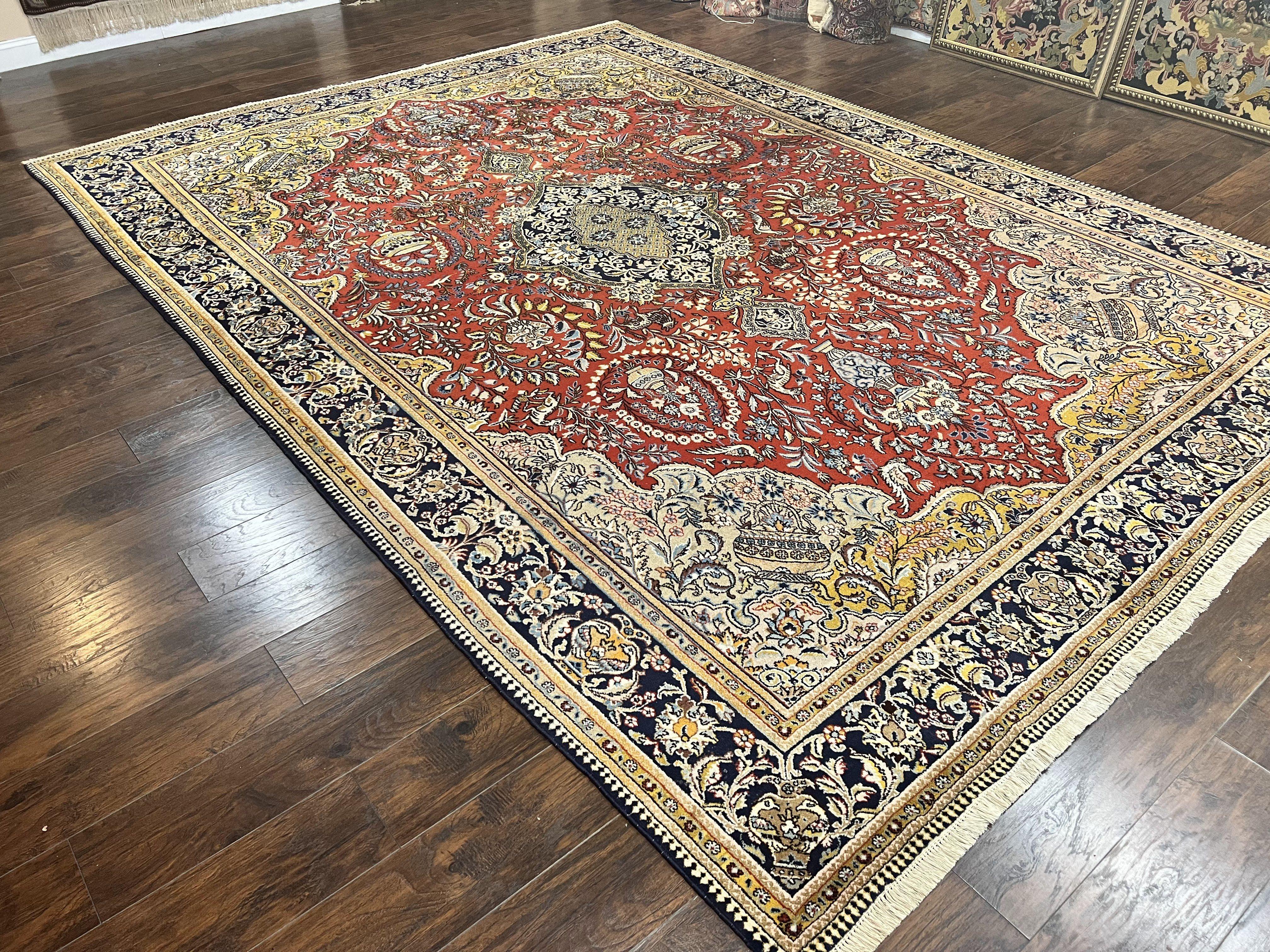 Wonderful Persian Qum Rug 10x14, Wool w/ Silk Highlights, Hand Knotted Semi Antique Vintage Carpet, Red, Floral, Fine Weave, Birds Deer Pictorials - Jewel Rugs