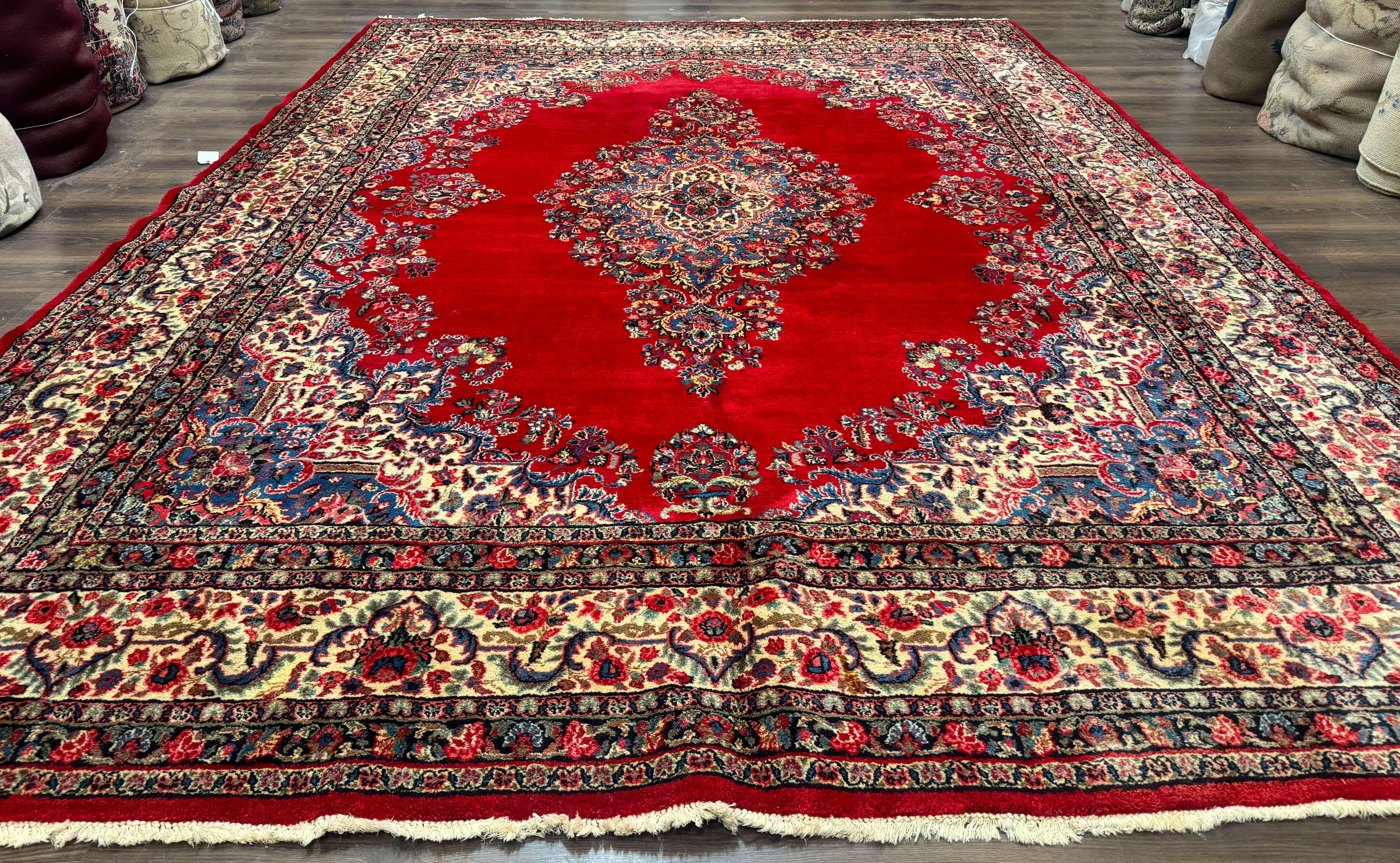 Persian Sarouk Rug 10x13, Semi Open Field, Red Ivory Blue, Large Antique Persian Carpet, Traditional Wool Rug - Jewel Rugs
