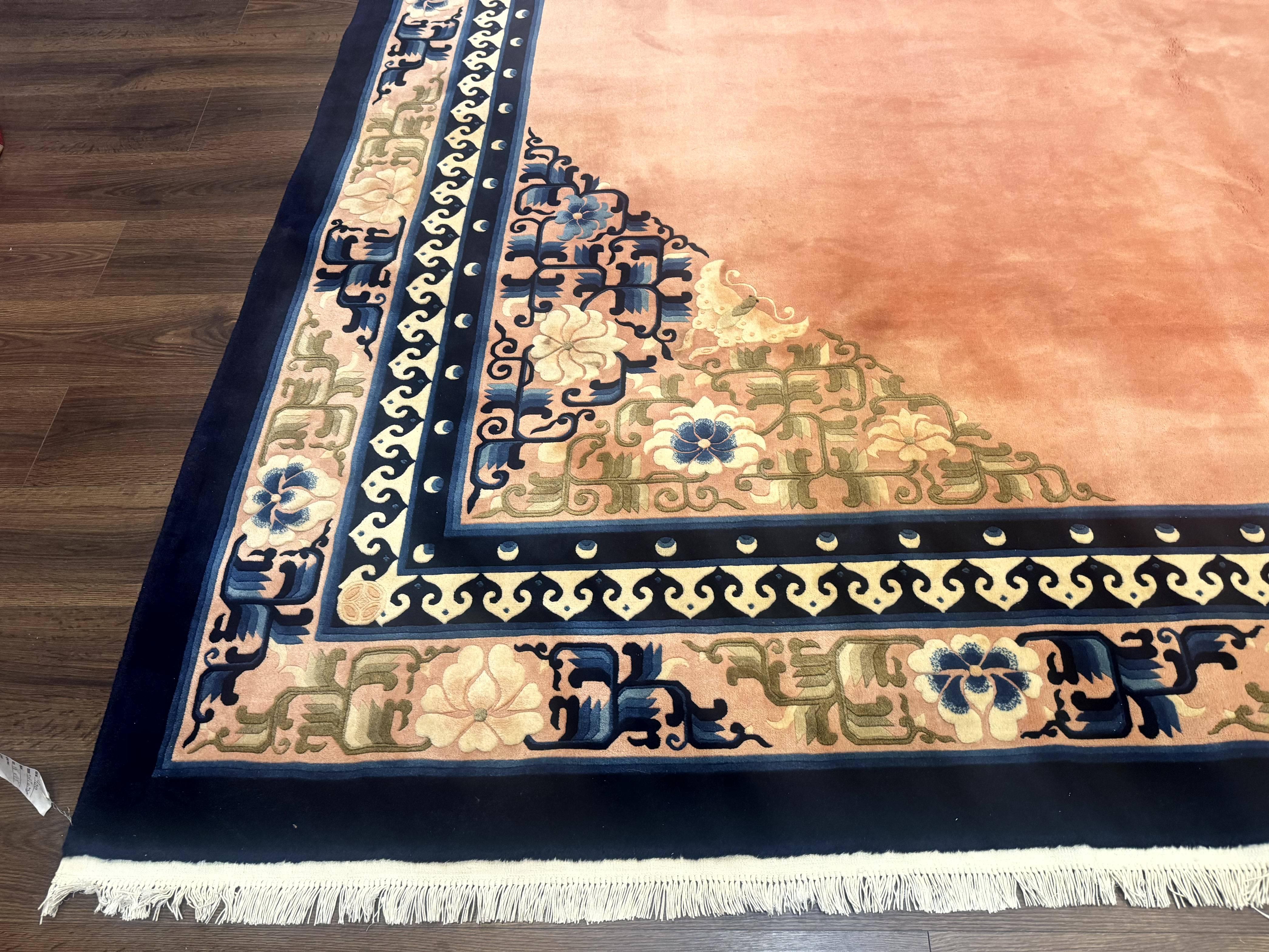 Chinese Wool Rug 11x18, Palace Sized Chinese Carpet, Peking Rug, Peach and Blue, Open Field, Simple Design, Art Deco Rug, Large Handmade Rug - Jewel Rugs